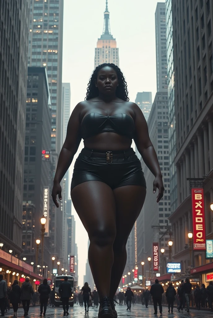 black woman,Full body photo，gtscity，skyscraper, Big breasts，(Long legs:1.2),Extremely tall girl，Beautiful looks，No branding，Perfect lighting，Cinematic quality，8K,High quality,(GTS:1.5),Aerial view, building seat, belly, shrunken perople on the ground