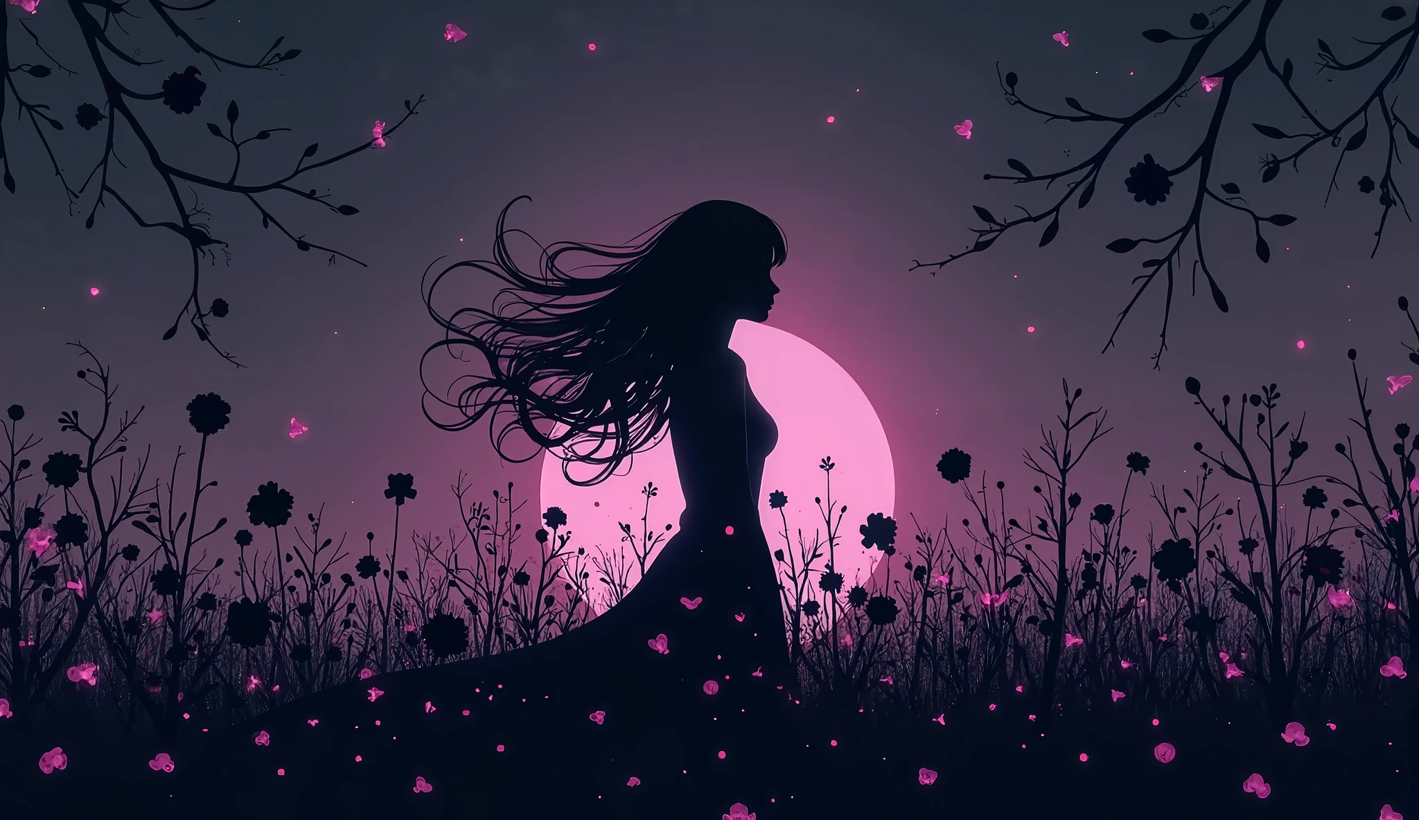 Woman silhouette, Sexy woman's back view, Long Hair, Backlight, Urban Background:1.2, Anime Style:1.2, Dark silhouette, Cowboy Shot, Dramatic lighting, Cinematic composition, Bright colors, Chiaroscuro, (Highest quality:1.2, 4K, 8K, Very detailed, High detail, masterpiece:1.2, Highest quality, Best aesthetics),