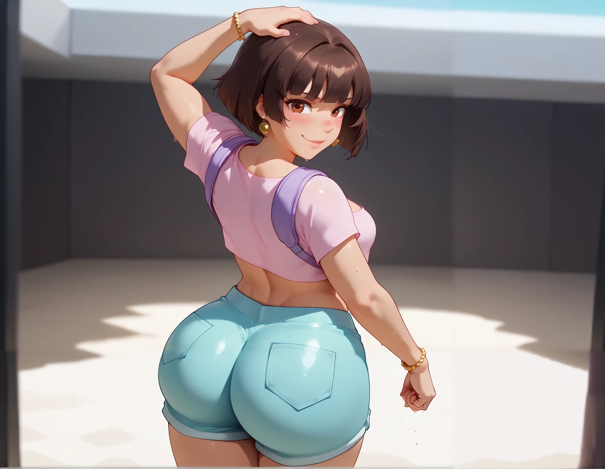 ((best quality , extremely detailed , finely detail , intricate detail))), (((Best Quality, 8K, Masterpiece: 1.3)), Full Body, Focus Clear: 1.2, Outstanding Beauty: 1.4, Slender Abs: 1.2)), ((dynamic angle)), (((wide view))), wide-angle lens, extremely detailed, CG, 8k Amazing, finely detail)), (intricate details, depth of field), 8k UHD, ((amazing quality,very aesthetic,absurdres,best quality,newest, masterpiece, ultra detailed, best quality, beautiful face, perfect anatomy, anatomically correct, athletic sexy body)), Expressiveh, (cute face, cute body))), (((beautiful Dora the explorer, doraSDXL,1girl,((((brown bob cut hair with straight bangs)))),((((((dark-skinned female)))))), wet hair, brown eyes, perfect eyes, big eyes, perfect teeths, thicc lips, glossy lips, sexys, medium perky breasts, cleavage, ((tan skin)), wet skin, navel, small hips, slender, small round butt, earrings, ((orange booty shorts)), ((tight shorts)), ((small pink tank top)), pink shirt, (pink crop top), bare midriff, loose shirt, (loose crop top), cut off shirt, (orange shorts), bracelet,, ((black brazilian thong)),((purple backpack))))), ((medium breasts, slim sexy body, curvy hips, seductive pose, flirting, naughty face, blush)))), (((looking at viewer, happy smile, joy, cowboy shot, dynamic pose)))), curvy, toned, athletic, BREAK, ((backview:1.5)), ((((seductive pose, sexy pose, cowboy pose, hourglass figure)))), ((precise face and eyes:1)),, ((high resolution)) , ((solo portrait)) , ((sideview)) , {(attractive figure) , (((beautiful legs))), BREAK, (((profile view:1.3))), BREAK, ((((((big bubble butt, round ass, slim waist, muscular abdomen, toned back, toned legs, crossed legs , highleg thong, denim shorts (ripped), standing in beach, back view, view of back, ass-up, close up ass, asselfie))))): 1.3)