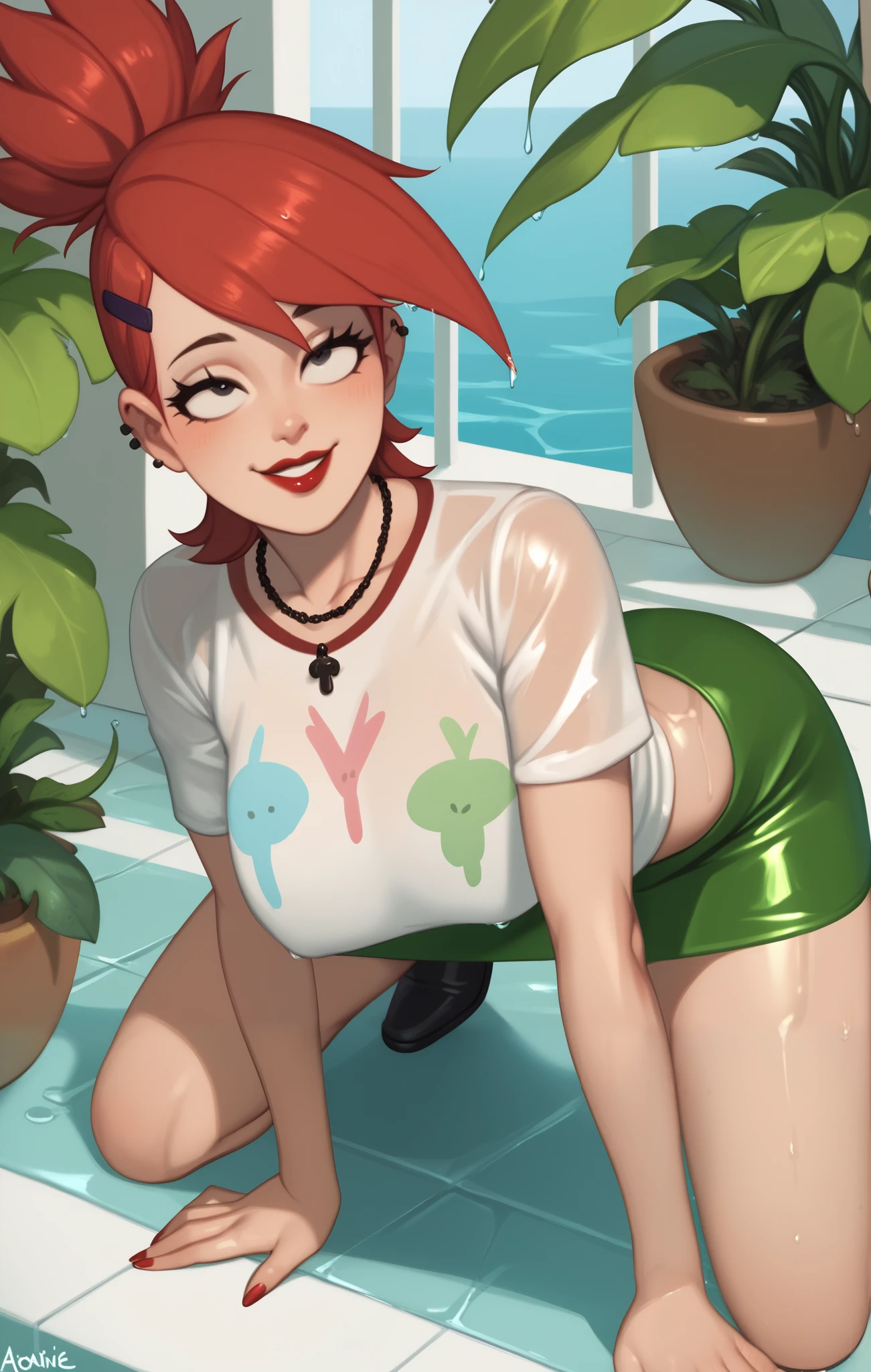 Frankie Foster, red hair, basic white t-shirt and green mini skirt , red lipstick , black leather necklace , exposed legs , brilliant, oily skin ,
, Focus only, squinting eyes , smiling, ( pose on all fours , pose on all fours no chão),in the room,wet, Water, Plants