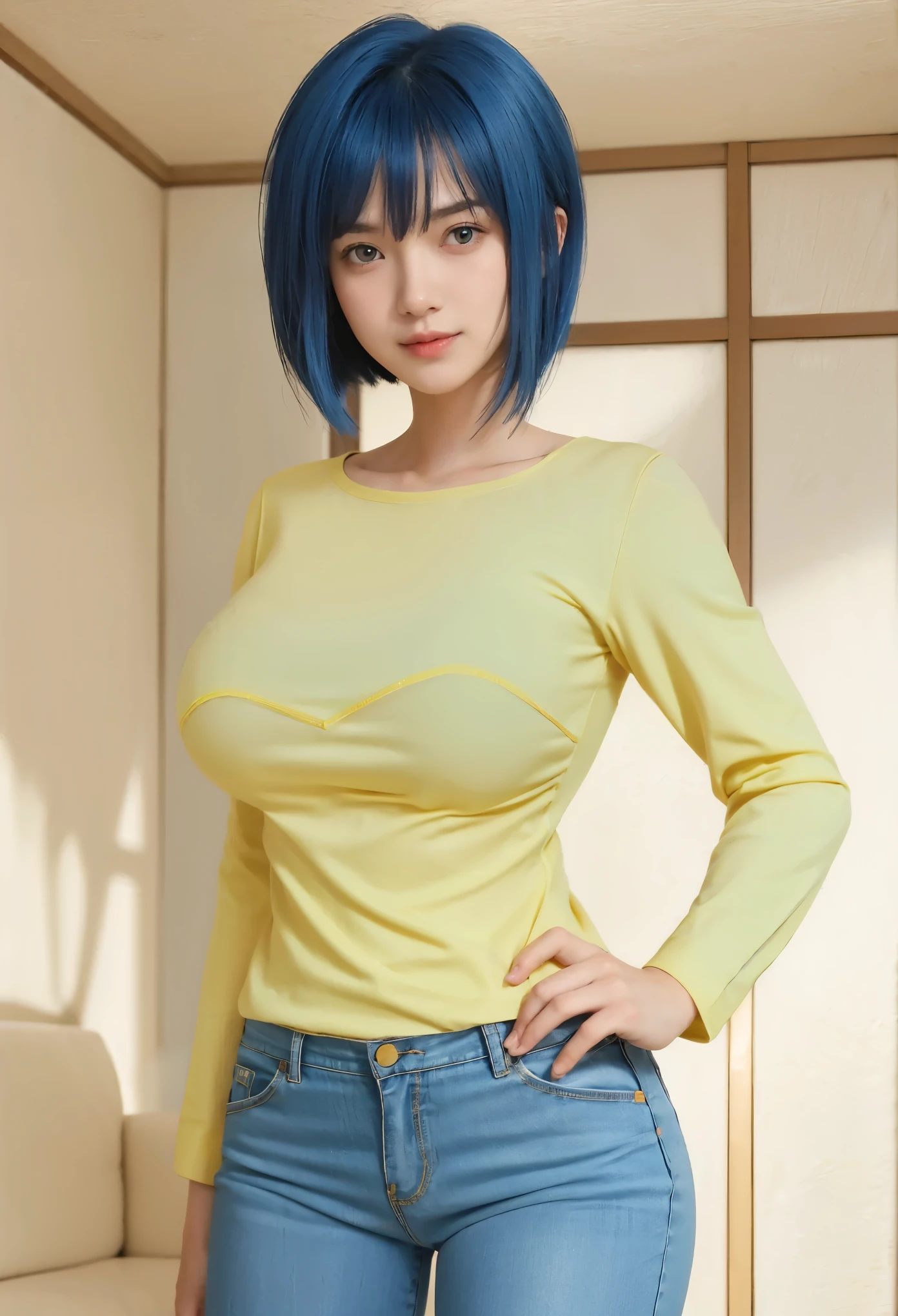 A tall woman, sexy, sensual, beautiful, sensitive, beautiful, beautiful, big breast, huge light blue hair, disheveled haircut, mencho point, forehead, orange eye, eyelashes, slim black, wearing a purple shirt, showing her navel, and her blue denim pants, brown heels.