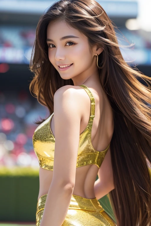 ((Best Quality, 8k, photo realistic:1.4, Masterpiece: 1.2)), back Lighting, highly detailed facial textures women, 18yo, (shiny gold Cheerleader), (Stadium Background: 1.2)), arm up, ultra-detailed shiny skin, beautiful make up, detailed eyes, blush, Grinning ear to ear, shiny black messy short hairstyles, from below, looking back