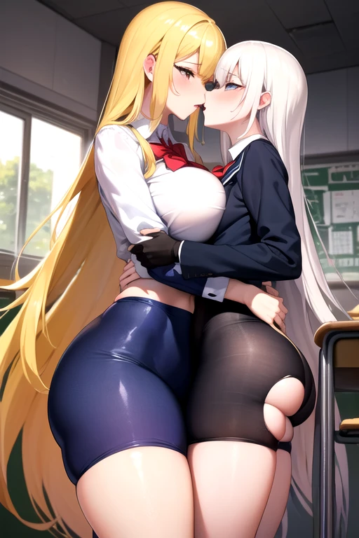 Lesbian (very long yellow hair)(pechos big ones, thighs big ones)(with  clothes it is very tight) that he is kissing at school with his girlfriend,(pechos big ones, thighs,(Nude) big ones)lesbian love