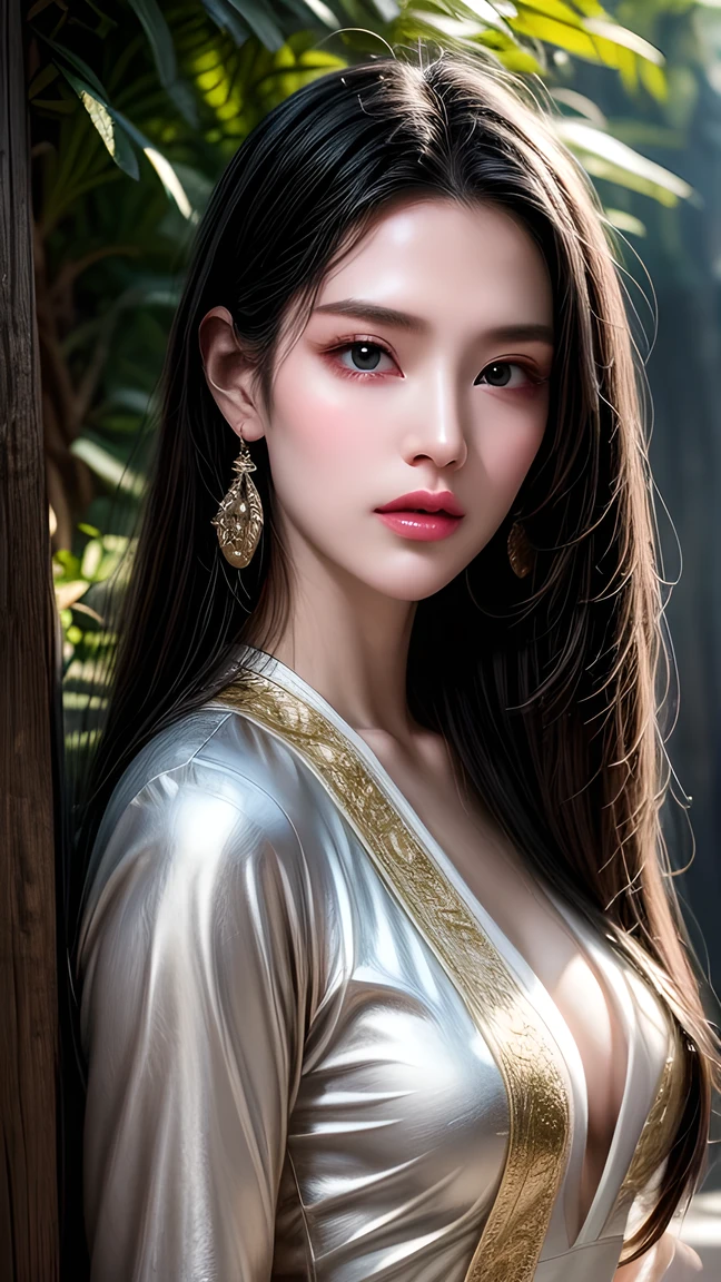 A beautiful mature woman in a ancient plain silk saree, intricate jhumka earrings, detailed alluring eyes, smooth lips, smiling, red lipstick, exposed navel, bangles,  saggy breasts, photorealistic, 8k, high quality, masterpiece, cinematic lighting, vibrant colors, intricate details, short messy hair,full body view