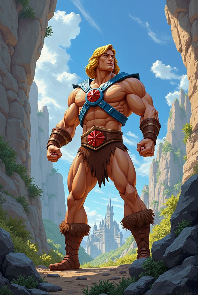 ((1boy)), ((masterpiece)), realistic, ((highly detailed:1.3)), he-man, ((holding a sword)), incredibly muscular man, handsome face, perfect eyes, clean shaven, ((blonde:1.4)) pageboy haircut, grey body harness, orange belt, brown briefs, orange boots topped with fur, smiling, dynamic pose, dynamic angle, ((fantasy grassland setting)), castle in far distance, clouds, blue sky,