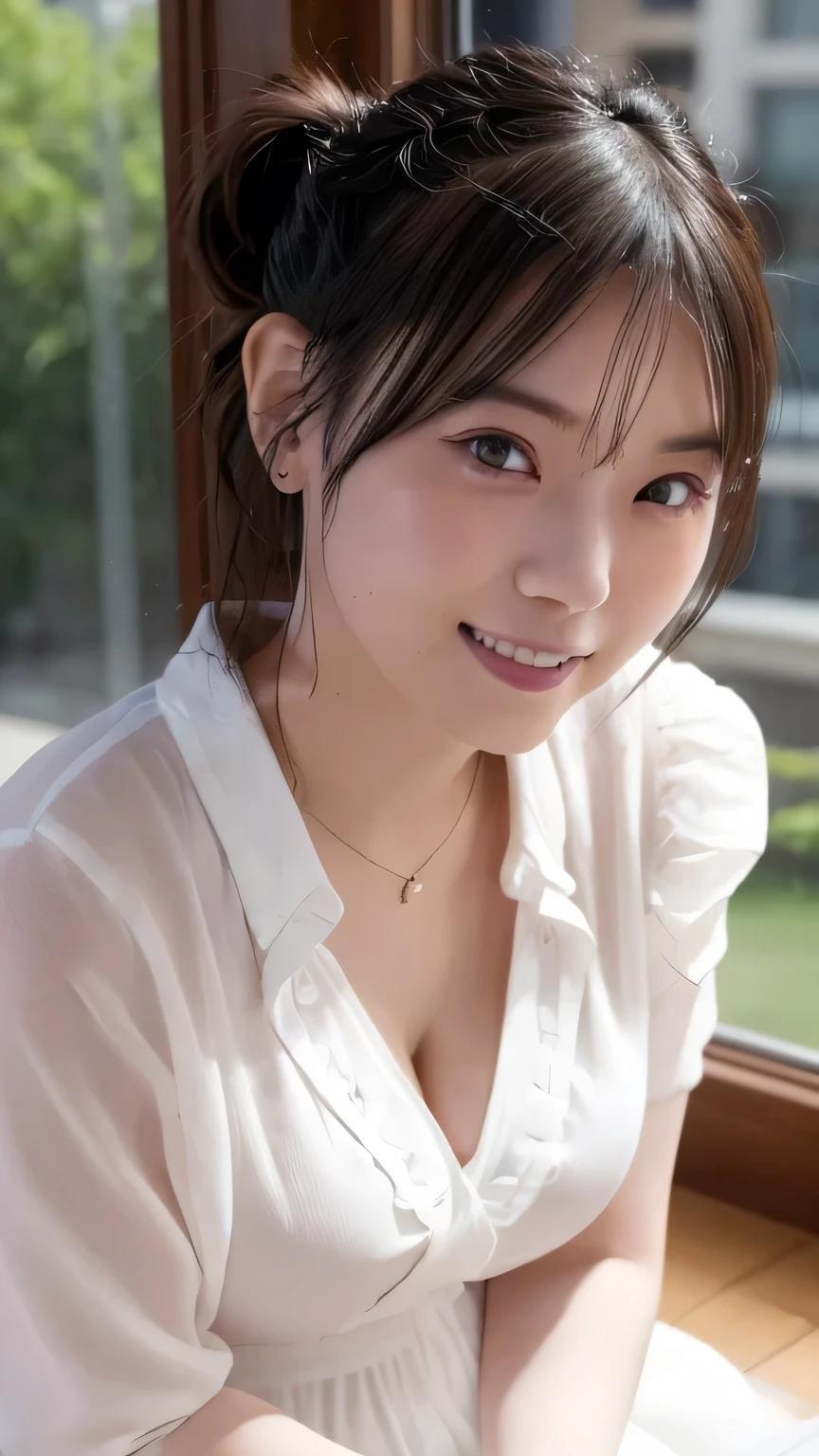 (best quality, 4K, 8k, highres, masterpiece:1.2), ultra-detailed, (realistic, photorealistic, photo-realistic:1.37), hyper detailed, extremely detailed, intricate details, sharp focus, physically-based rendering, professional, vivid colors, studio lighting、Japanese High School Girl、coy smile、Natural Makeup、(blond)、middlehair、Inward curl、White shirt、Open shirt、Emphasize cleavage、side boob、under boob、flat breasts、thick lips