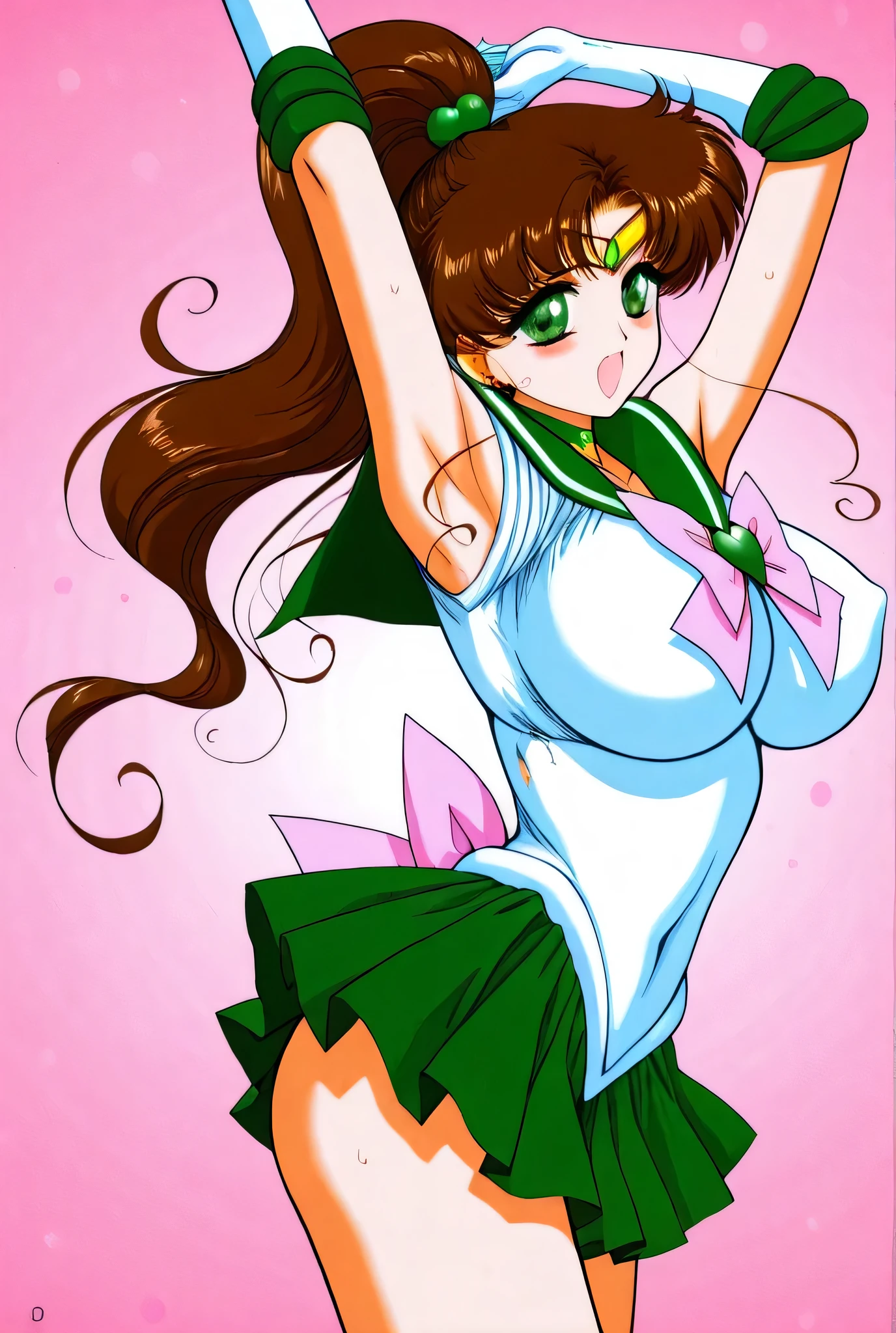 best quality, high resolution, 1990s \(style\), retro artstyle, 1990s anime cels style, 1girl, sailor jupiter, perspective, (lying, on back, folded, legs up, hand on own legs:1.2), blush, embarrassed, open mouth, camel toe, sailor senshi uniform, medium breasts, green sailor color, elbow gloves, white gloves, green pleated skirt, pink ribbon, ponytail, (clothed:1.3), jewelry, earring