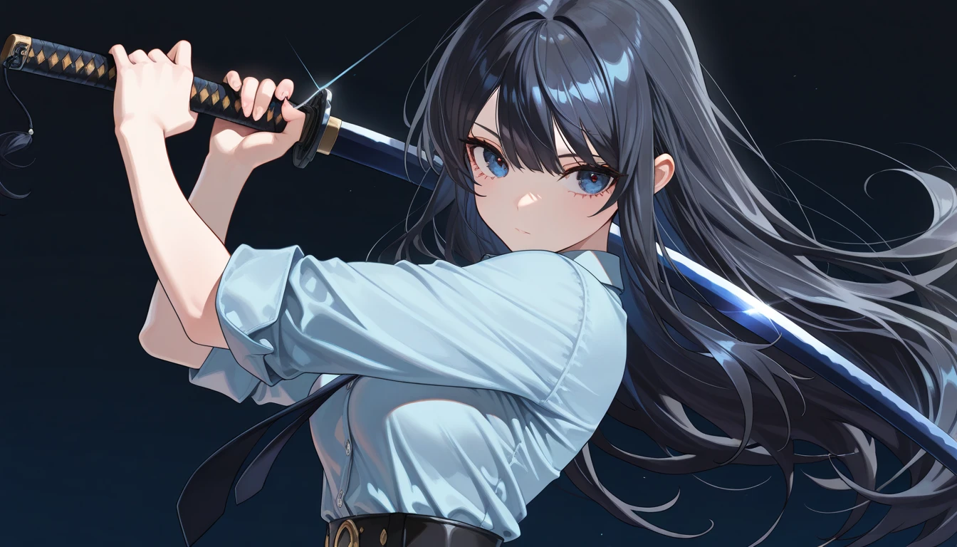 executive mishiro, (mature female:1.4), (black hair, long ponytail:1.6), embarrassed, blush face, makeup, heavy breathing, katana, holding_katana, 1girl, holding_sword, open_mouth, indoors, solo, long_sleeves, shirt, unsheathed, katana, glow effects, godrays, Hand drawn, render, 8k, octane render, cinema 4d, blender, dark, atmospheric 4k ultra detailed, cinematic, Sharp focus, big depth of field, Masterpiece, colors, 3d octane render, 4k, concept art, trending on artstation, hyperrealistic, Vivid colors, extremely detailed CG unity 8k wallpaper, trending on CGSociety, Intricate, High Detail, dramatic,