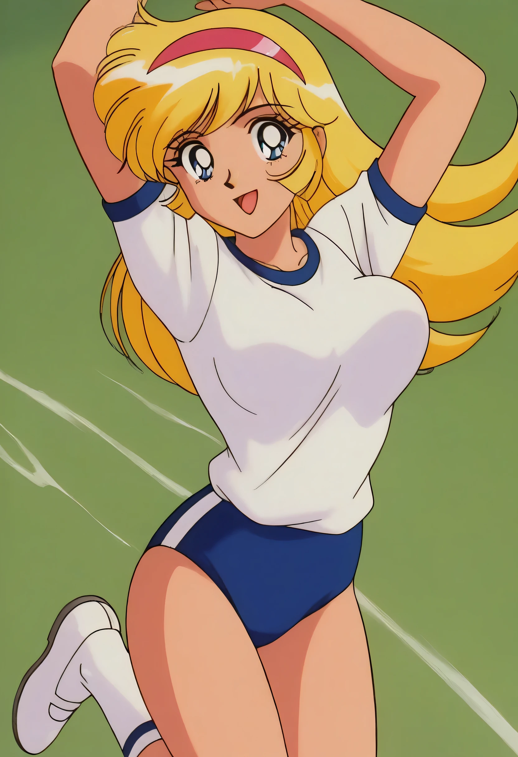 masterpiece,best quality,very aesthetic,highres, KisaragiHoney, 1girl, solo, blonde hair, long hair, blue eyes,smile,medium breasts,(motion lines),bouncing breasts,hairband,((white shirt)),navy buruma,white socks,athletic shoes,(arms up),(jumping),outdoor, looking at viewer,cowboy shot,retro artstyle, anime coloring,