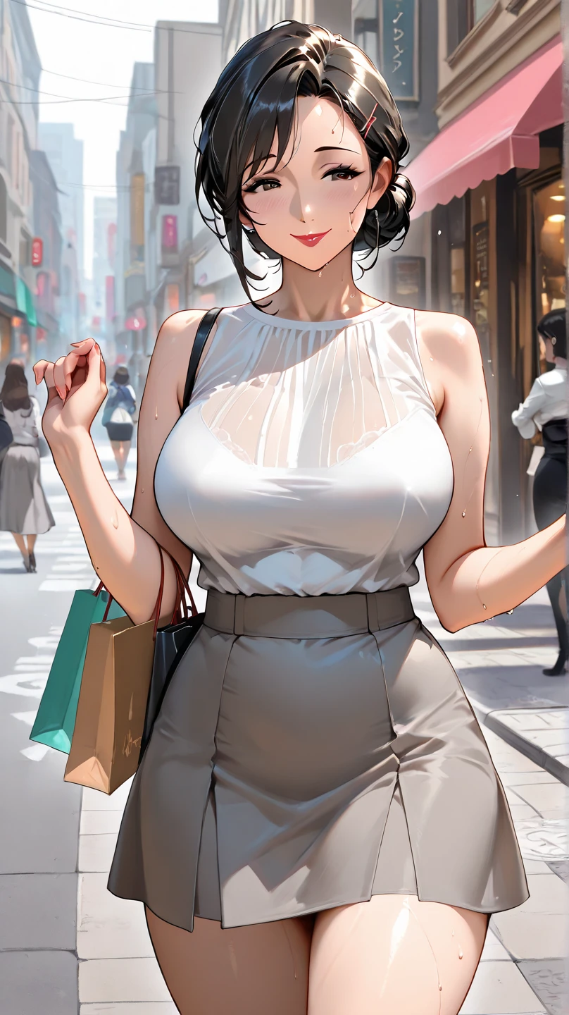 big breasts、big cleavage、small brand bag、emphasize the chest、gray off shoulder run piece