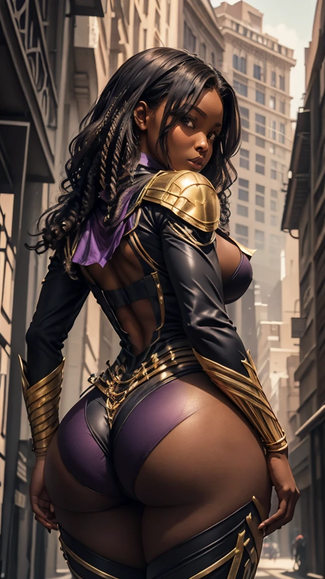 Portrait, Masterpiece, Excellent, 1girl, solo, complex details, color diffusion, comic book, anime, marvel, DC, close-up shot, dark skin, ebony, brown skin, dark-skinned female, thighs, cat ears, black hair, dark hair, dreadlocks, purple eyes, skimpy attire, epic attire, cloak, cloaked, mage assassin, badass, deadly and sexy, demon goddess, Super Villain,  Sci-Fi, Fantasy, NSFW