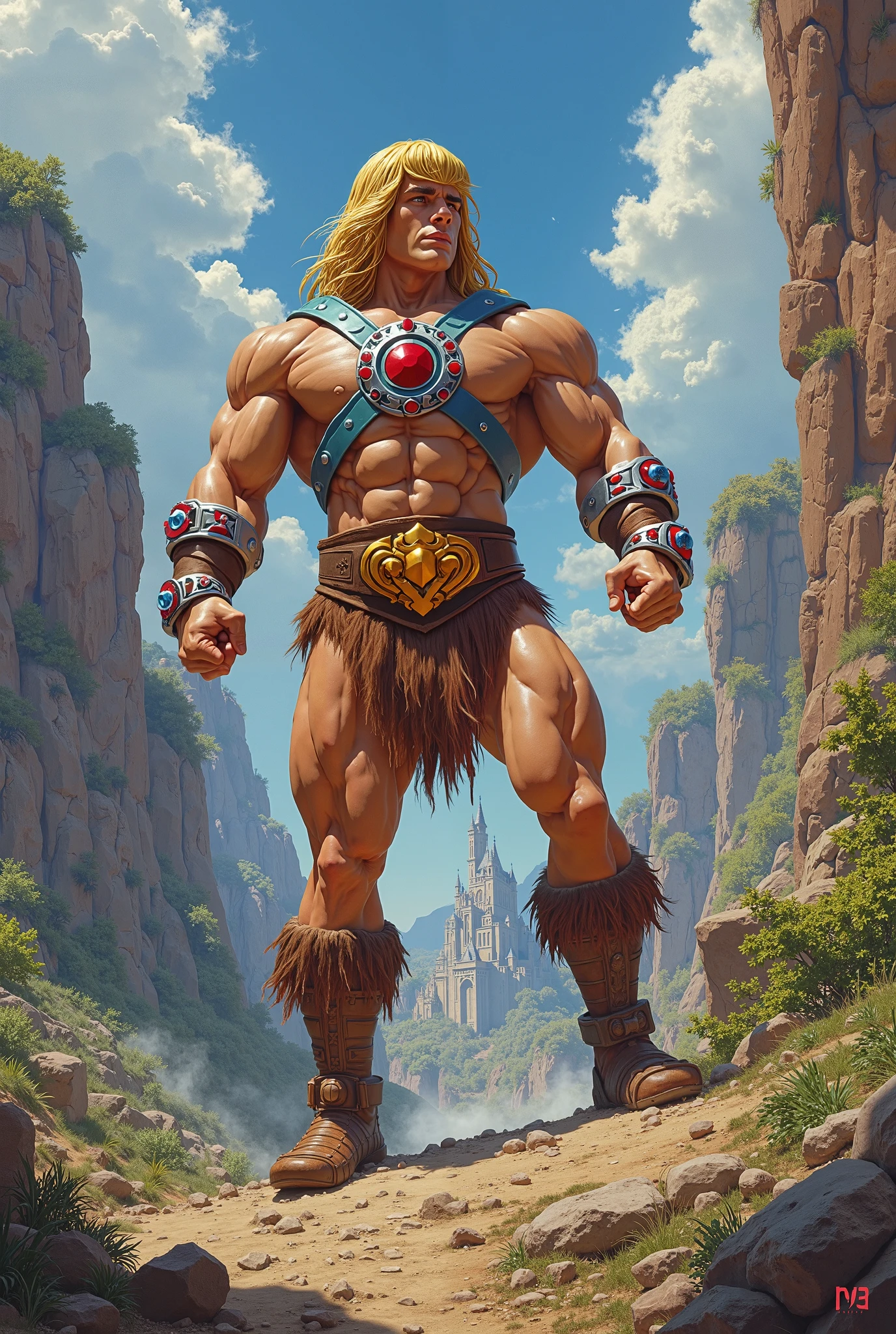 ((1boy)), ((masterpiece)), realistic, ((highly detailed:1.3)), he-man, ((holding a sword)),  incredibly muscular man, handsome face, perfect eyes, clean shaven, ((blonde:1.4)) pageboy haircut, grey body harness, orange belt, brown briefs, orange boots topped with fur,  smiling, dynamic pose, dynamic angle, ((fantasy grassland setting)), castle in far distance, clouds, blue sky,
