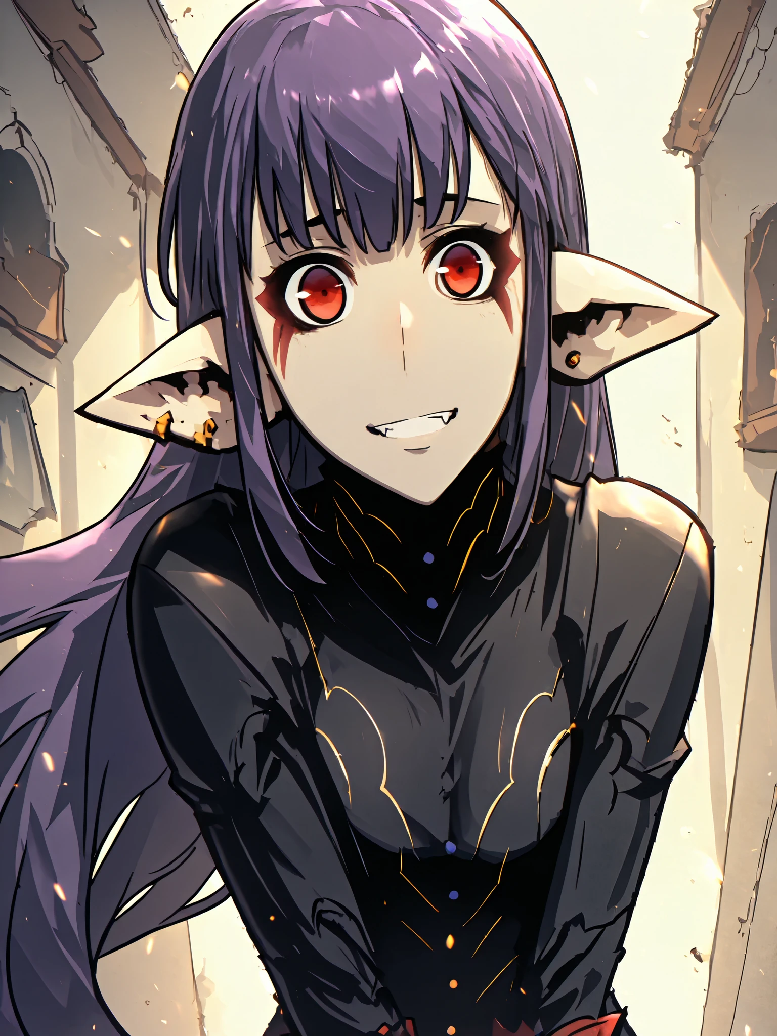 1girl, solo, esil radiru, plain black shirt, plain black pants, looking away from viewer, feeling shy, small smile, highly detailed eyes, expressive eyes, natural eye shape, iris with visible details, anatomically correct, super detailed, high details, intricate details, accurate, dynamic angle, dynamic poses, highres, absurdres, (masterpiece:1.5), (best quality:1.2), amazing quality, 4k, demon's castle