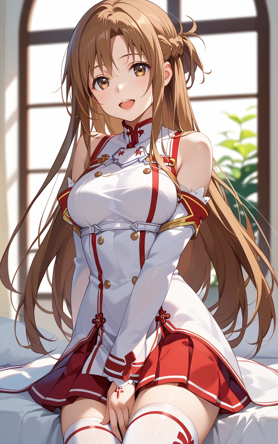 slender, jewelry, looking_at_viewer, armlet, ring, earrings, detached_sleeves, brown_hair, breasts, dress, bangs, ribbon, dress, armor, blush, 1girl, bikini_armor, thighs,open_mouth, long_hair, sleeves, bare_shoulders, rating:safe, thighhighs, small_breasts, sitting, thighlet, legwear, heart, wariza, red_eyes, large_breasts, miniskirt, pink_eyes, pelvic_curtain, bracelet, smile, skirt,