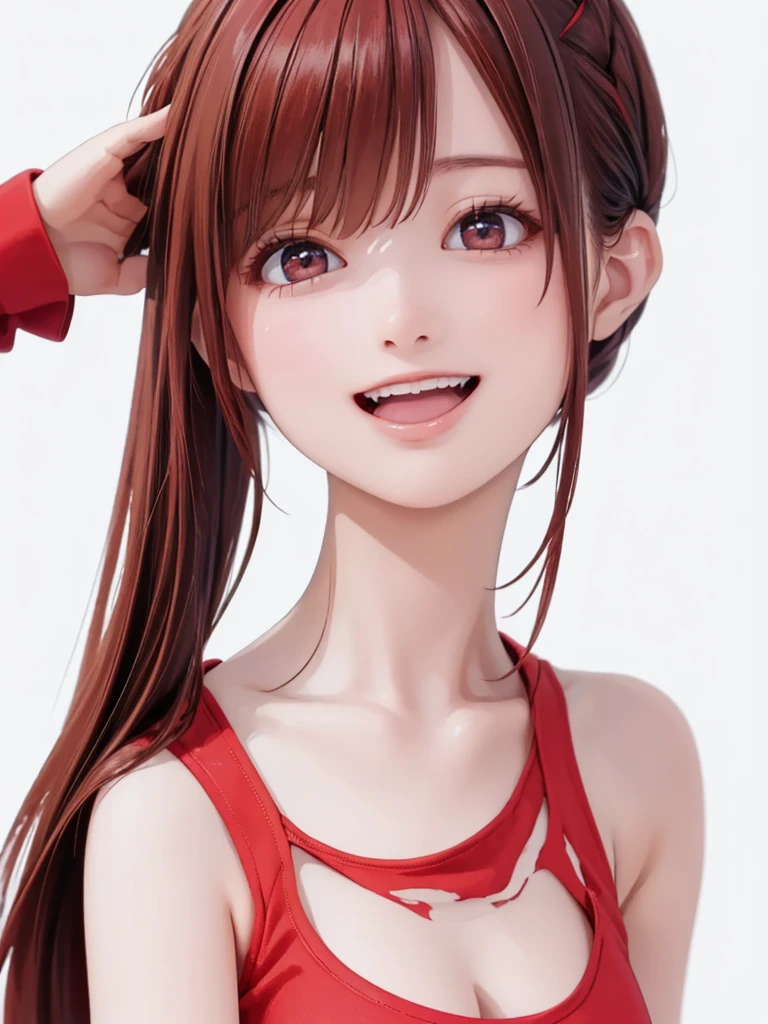 (((Cowboy Shot、female solo shot、oil、Pure white wall background、masterpiece、Highest quality、High resolution)))、Redhead、Side ponytail hair、(((wearing a red t-shirt)))、(((T-shirt with printed text)))、Fashionable hairstyles、Red cheeks、((No shadow、Frame In))、Cute Face、((Small breasts))、Laughing、Smiling face、Teeth are visible、((I'm in a guts pose))、((winking))、(((Oversized T-shirt)))、(((T-shirt with writing)))