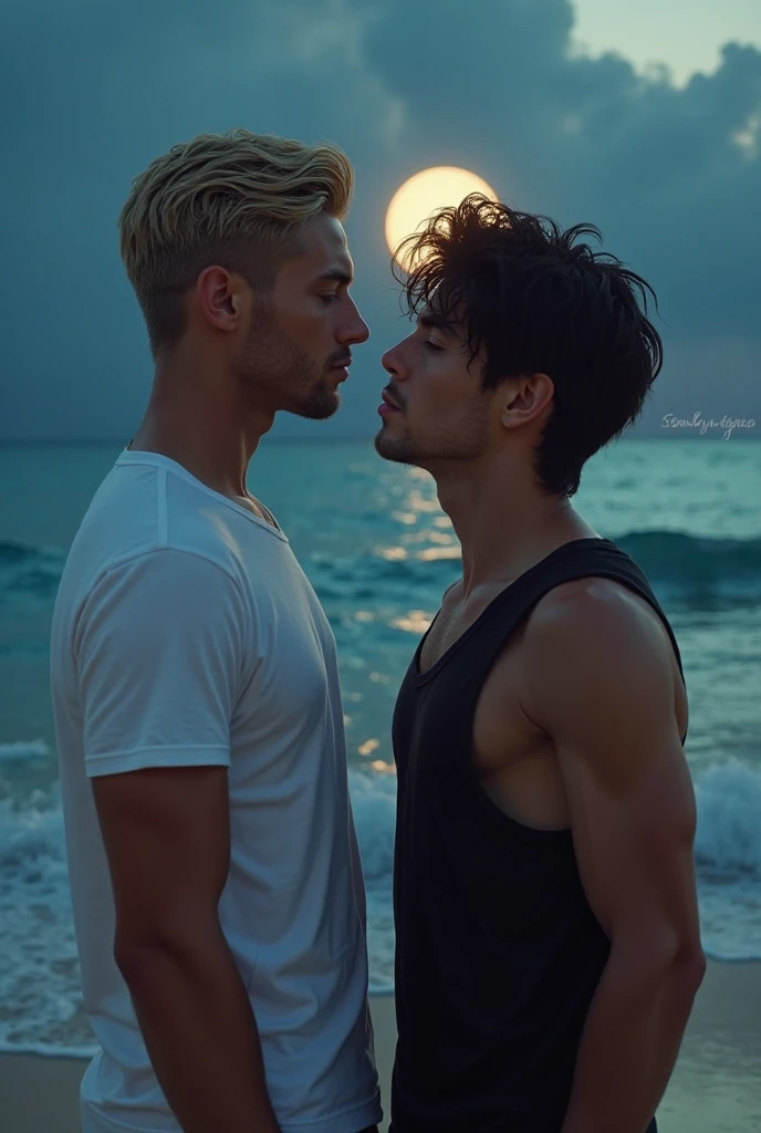 Young gay boyfriends celebrating two months of dating
Kissing and hugging
One is brown-skinned with white hair and tall
The other is white-skinned, Brown hair and short stature
Both have rings in their ears