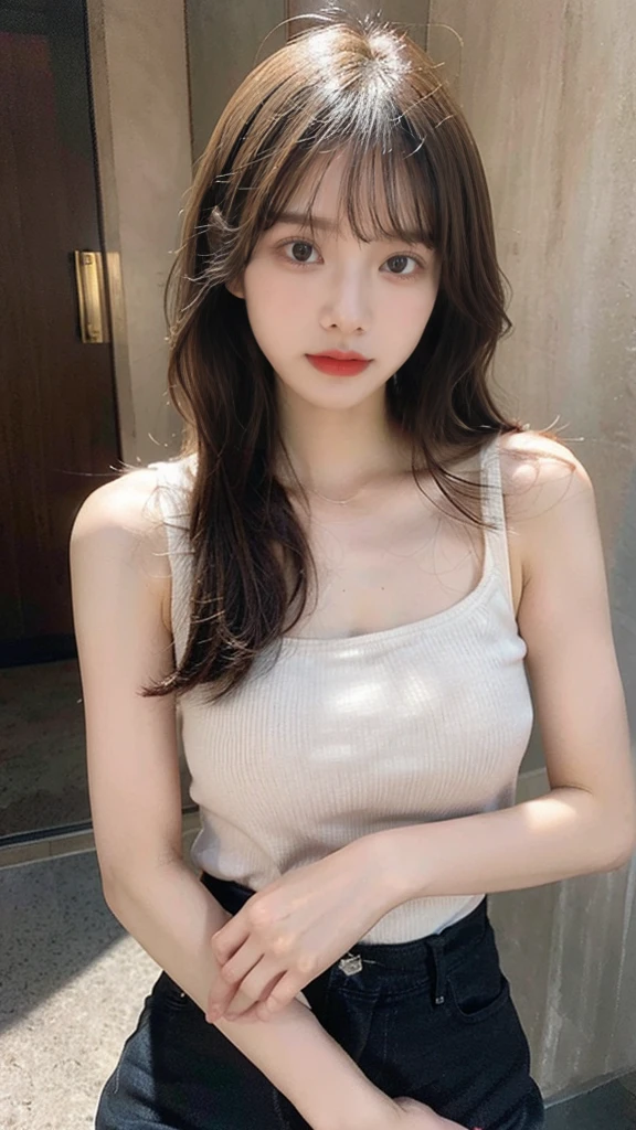 (top-quality、in 8K、masterpiece:1.3)、(1girl in:1.3)、Full-HD、(Colossal tits:1.3、Constricted abs:1.1)、(The whole body of the girl is visible:1.2)、Ultra-realistic capture, Skin texture must be natural, Detailed enough to finely identify pores. Skin should look healthy, Use natural light and color、hyperdetailed face、A detailed eye、二重まぶた、A girl in her 20s wearing jeans、White tank top、trained big butt、Tuck one side of your hair behind your ear、Dangle earrings