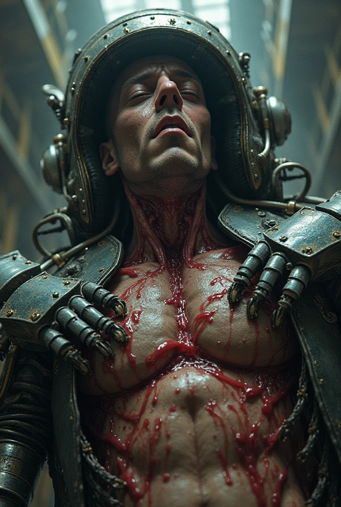 a psychotic cyborg asylum worker, full body extremely detailed face and body, extremely detailed skin texture, extremely detailed body parts, extremely detailed gore and blood, dark and twisted, horror, dystopian, muted colors, dramatic lighting, (best quality,4k,8k,highres,masterpiece:1.2),ultra-detailed,(realistic,photorealistic,photo-realistic:1.37)