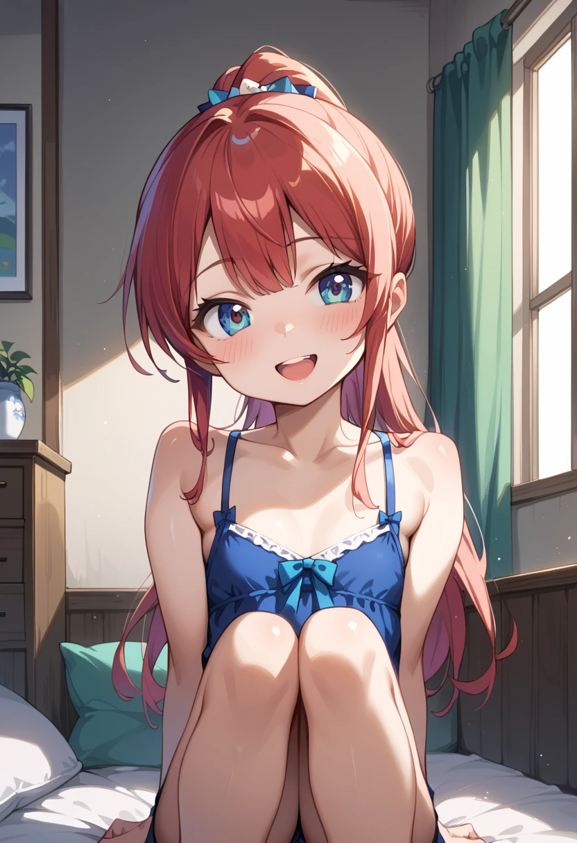 ((masterpiece)), ((best quality)), (ultra-detailed), anime style, on the bed, a cute girl, 1girl, solo, smile, underwear00