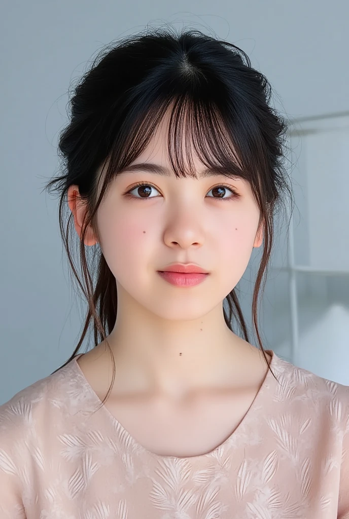 ((cute little日本の女の子、Beautiful japanese girl、1 girl in、age19、poneyTail、Highly detailed facial and skin texture、refinement、hyperdetailed face、ultradetailed eyes、blusher、blush、teak、ピンクのteakを塗った頬、close-up of woman、bustup、真frontageを向いている顔、真frontageを向いている体、Looking at the camera、frontage、cute little、smooth white skin、Transparent skin texture、))、(dark brown  hair、bangss)、Beautiful Women in Perfect Style：1.4、Japanese Models、Young gravure idols、若いcute littleグラビアアイドル、Realistic Young Gravure Idol、refinementされたグラビアアイドル、((top-quality、in 8K、​masterpiece:1.3、１Photo))、(4K、RAW Photography、top-quality)、(reallistic、フォトreallistic:1.37)、Place a person on the other side of the screen、natural soft light、upper body and head、refinement、