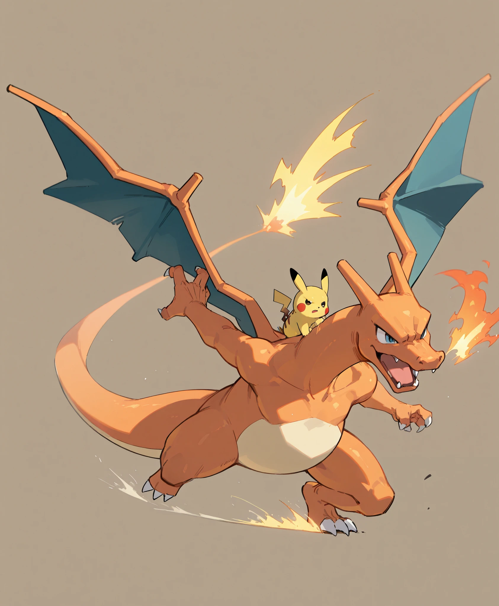 full body、 fight scene、high image quality、Superb Details、simple background、 Pikachu、 Charizard