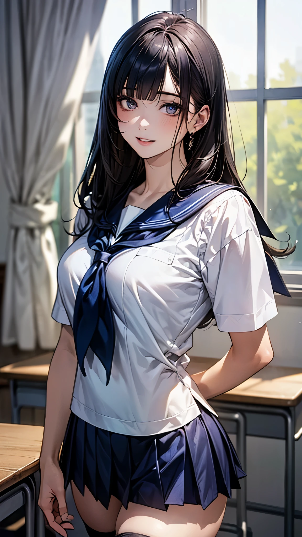 (masterpiece:1.2, top-quality), (realistic, photorealistic:1.4), beautiful illustration, (natural side lighting, movie lighting), nsfw,
looking at viewer, 1 girl, japanese, high school girl, perfect face, cute and symmetrical face, shiny skin,
(long hair:1.4, hime style, hime cut, navy blue hair), blunt bangs, purple eyes, big eyes, long eye lasher, (medium breasts, seductive thighs), slender,
beautiful detailed hair, beautiful detailed face, beautiful detailed eyes, beautiful clavicle, beautiful body, beautiful chest, beautiful thigh, beautiful legs, beautiful fingers,
(short sleeve white collared shirt, gray pleated miniskirt, blue bow tie, black thigh-highs),
(beautiful scenery), evening, (dining room:1.2), standing, (lovely smile, upper eyes, parted lips),