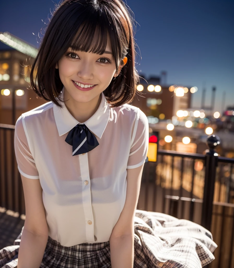 (8k, RAW photo, best quality, masterpiece:1.2), (realistic, photo-realistic:1.37), ultra-detailed,
1 girl,cute, solo,beautiful detailed sky,detailed cafe,night,sitting,dating,(nose blush),(smile:1.1),(closed mouth),large breasts, seductive smile, large aparture, professional lighting, Sony A7R4, Zessie 50mm F1.8,
medium breasts,beautiful detailed eyes,(collared white shirt:1.1), no bra, pleated skirt,(short hair:1.2),floating hair