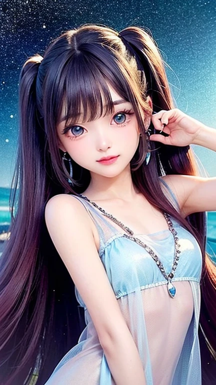 (highest quality, masterpiece), One girl, Twin tails、Pause, particle, Wind, flower, Upper Body, Simple Background, View your viewers, , Milky Way,smile、Turquoise eyes、(Silver Long Hair)、cute、Twin taililky way、Crescent Moon、(blue、depicted in detail、Lace bra、Lace panties、lace garter belt)