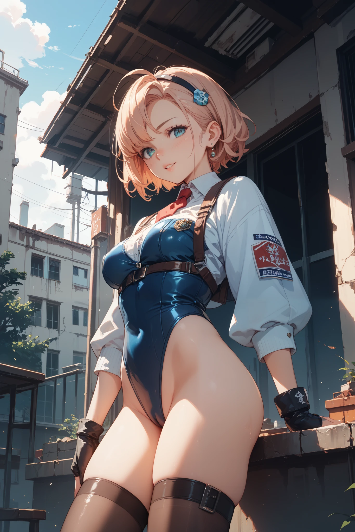 there is a cartoon female in white standing with her hip sticking out, 1girl, solo, braid, twin braids, Blonde hair, ass, RED eyes, long hair, blush, smile