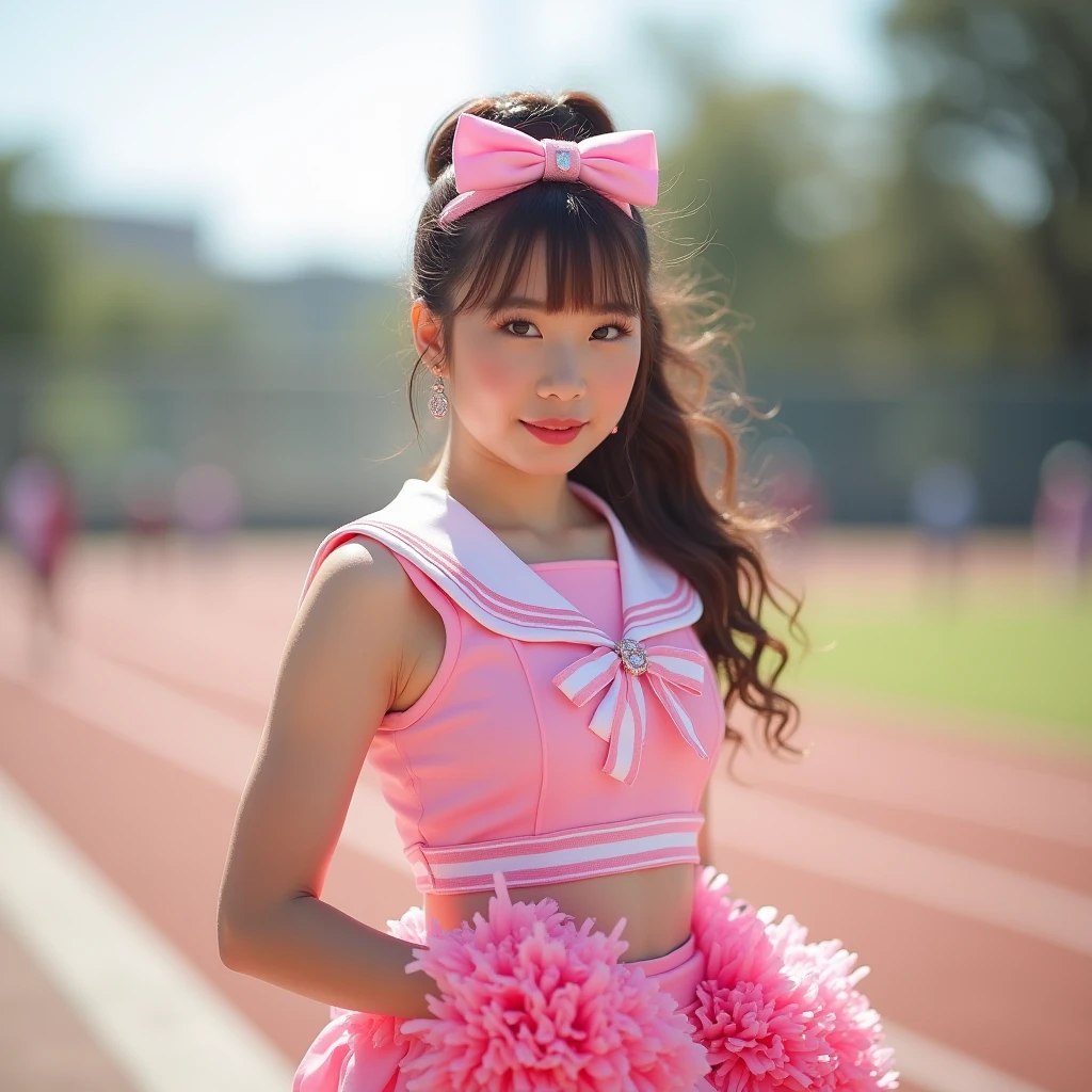 ((highest quality, masterpiece :1.3)), Photorealistic、Ultra-high resolution、Natural skin texture、Hyperrealism、Reflection from the waist up、Beautiful Japanese girl in her early teens、One girl、Larger breasts、Pink cheerleader uniform、Frightened expression、Eyes are unfocused