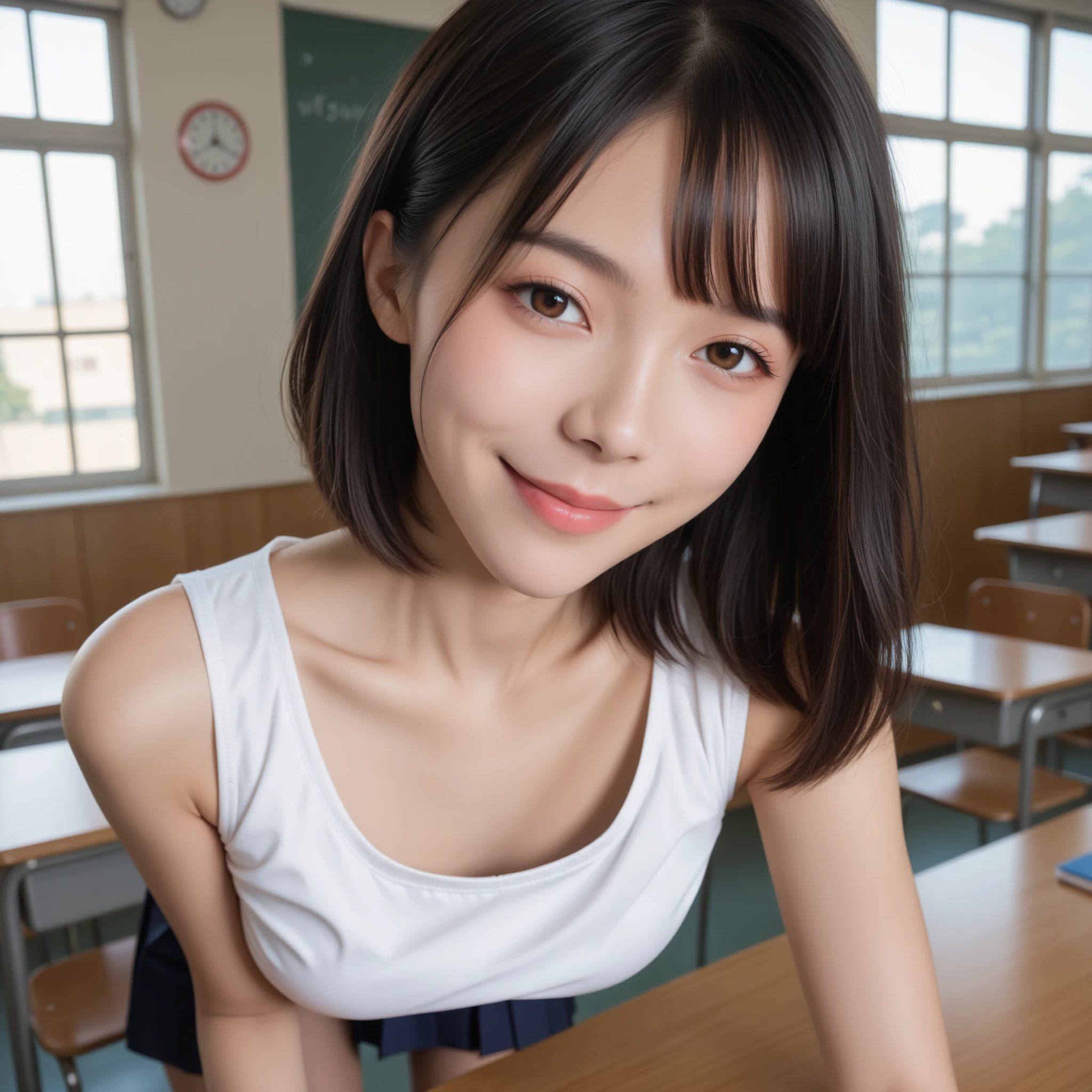(Surreal Realism), (Awareness-raising), (High resolution), (8k), (Very detailed), (The best Awareness-raisingns), (Beautiful fine details), (highest quality), (Super detailed), (masterpiece), (wallpaper), (Detailed face), (Beautiful smile)、(Beautiful expression)、short hair、Bangs with earrings、Side bangs、solo、((Baby Face))、((topless))(((topless)))、 (((small-breasted)))、((Dark blue pleated skirt))(Black knee-high socks:1.2)、 (((Attractive body)))、Slender body、Seductive Pose:1.4、Looking into the camera、School classroom、((Place your hands on the desk))、((A look that captivates the audience:1.3))Spread your legs wide，Drooling，race，panties，Cleavage