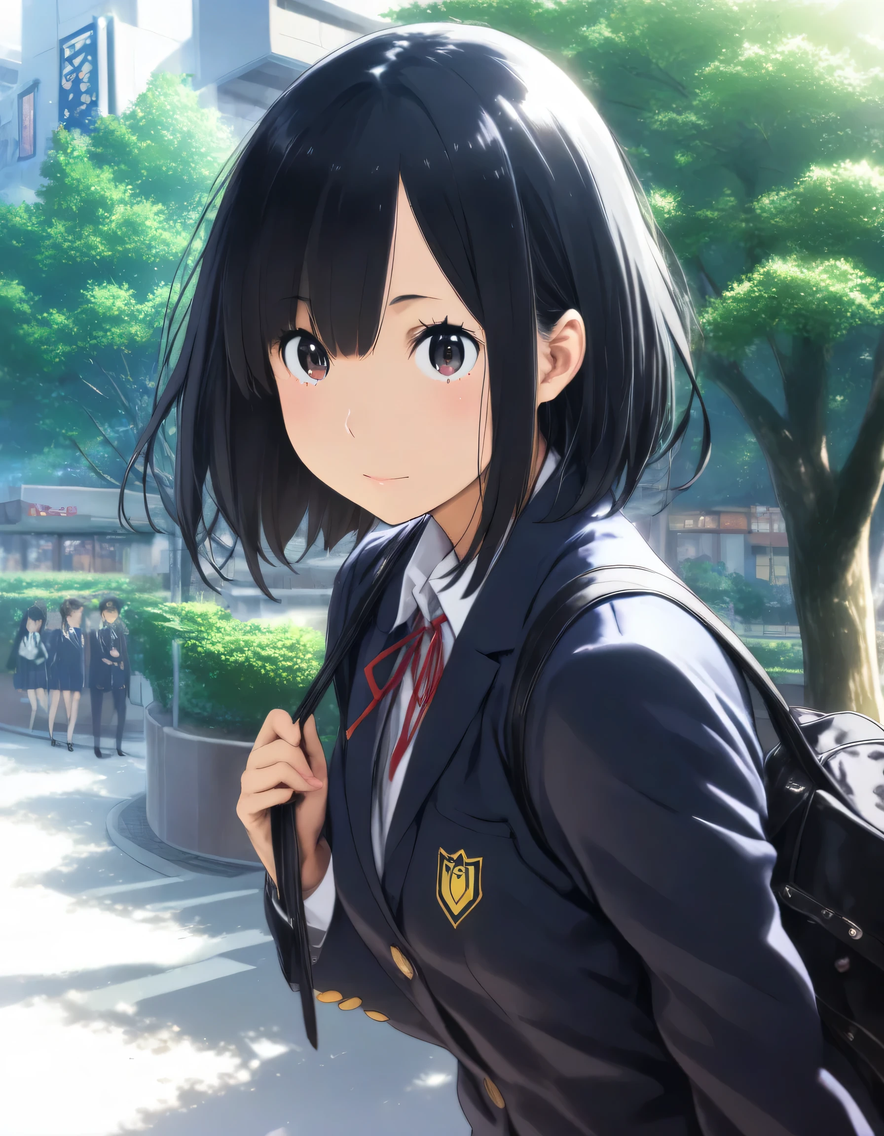 1girl, re:zero kara hajimeru isekai seikatsu, year 2016, upper body, Shibuya, street tree, school uniform, blazer, masterpiece, high score, great score, absurdres, 16k, super detail