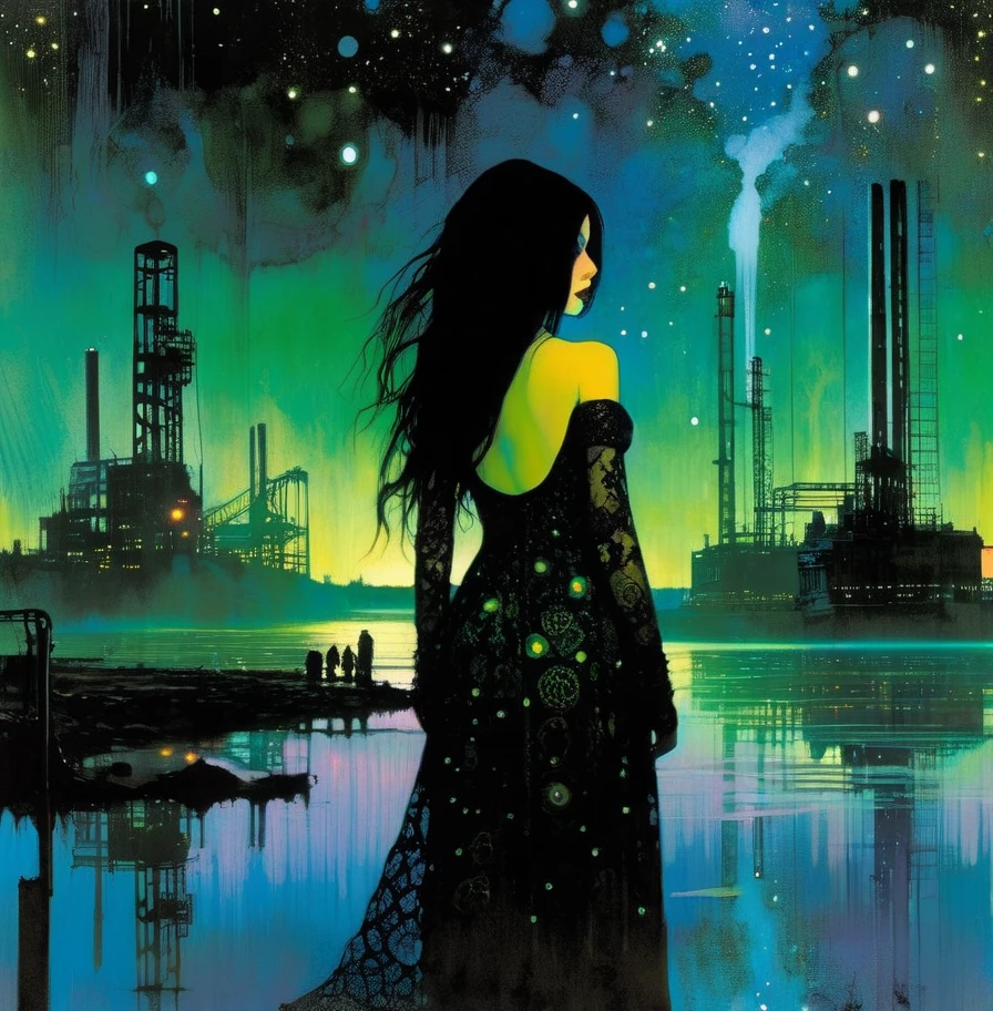 contaminated sexy monster girl, large landscape, dead world theme, polluted world, destroyed city, no vegetation, polluted water, dark world, spectacular otherworldly sky, mutant monsters on stage (art inspired by Bill Sienkiewicz). oil painting)(best quality,4k,8k,highres,masterpiece:1.2),ultra-detailed,(realistic,photorealistic,photo-realistic:1.37),intricate details,vivid colors,sharp focus,professional,Dave McKean artwork, oil touch of surrealism,oil painting style
