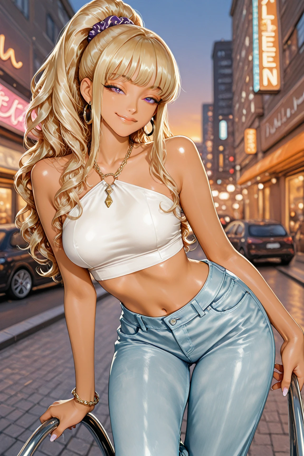 masterpiece, best quality, ultra high resolution, finely crafted, exquisitely detailed,  
Japanese Gal Style, Heisei-era gal, confident and alluring,  
 long, wavy blonde hair cascading down her back, high ponytail secured with a leopard scrunchie, deep purple eyes filled with playful confidence, glossy pink lips curved into a knowing smirk,  
wearing a **cropped halter top, slightly lifted with one hand to reveal her smooth, toned yet soft midriff, NO VISIBLE ABS, low-rise ripped denim jeans hugging her hips**,  
soft, delicate skin with a gentle glow, emphasizing **a well-defined and visible navel**,  
**accessorized with oversized hoop earrings, layered gold necklaces resting against her collarbone, delicate rings, charm bracelets,  long decorated nails**,  

**posing with one hand resting on her hip, the other lifting her crop top slightly, tilting her body slightly to highlight her waistline, shifting her weight confidently onto one leg**,  
slightly tousled hair catching the sunlight, soft highlights accentuating her flawless features,  
background: **a stylish urban street with trendy boutiques and neon signs, golden sunset casting a warm glow, blurred city life in the distance**,  
motion blur in her hair and outfit emphasizing movement, subtle sparkles highlighting her radiant aura, capturing the essence of a **The leeway and appeal of a supple and feminine adult gal**.  
