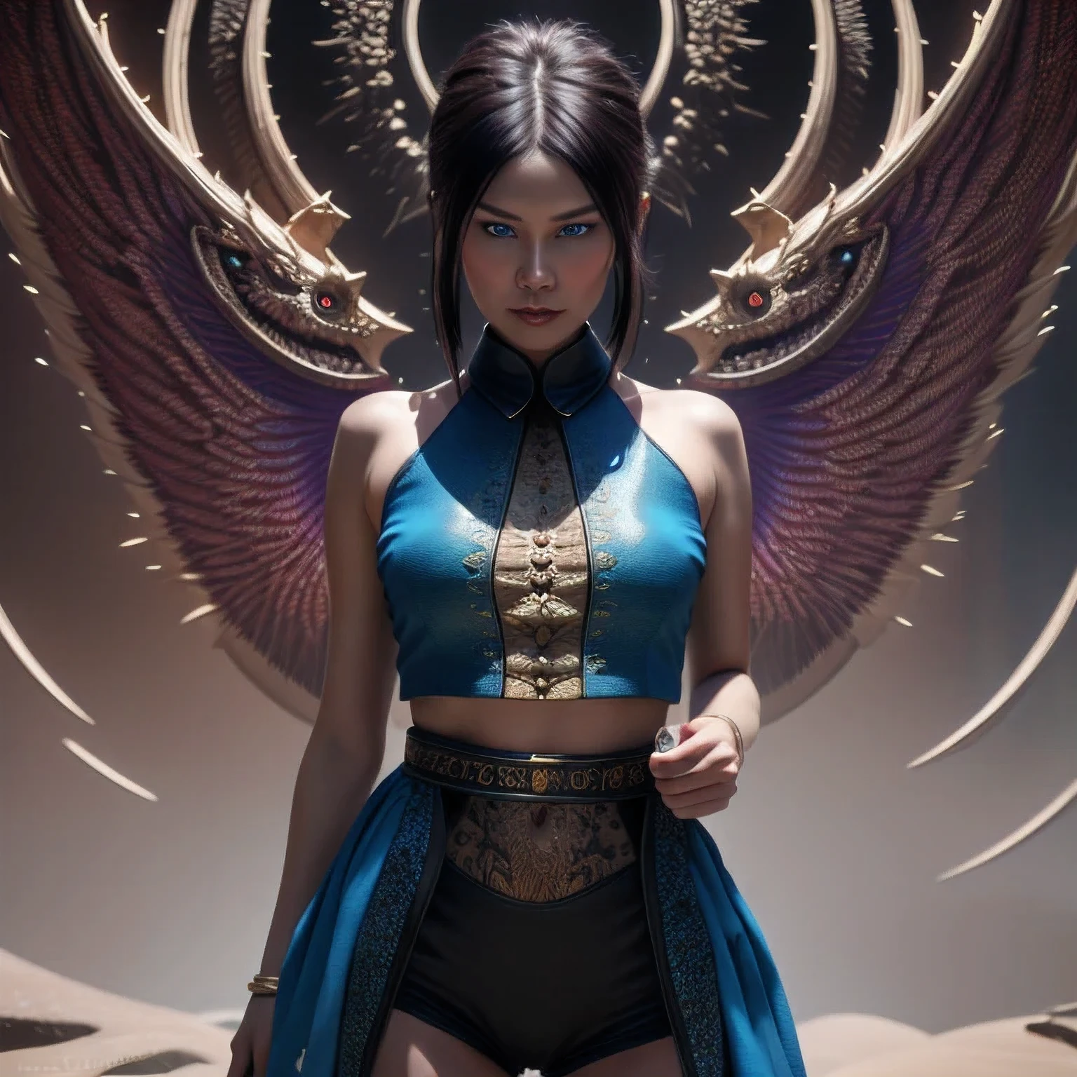modelshoot style, the most beautiful artwork in the world featuring a (gothic angel cute woman in skirt:1.2), ((navel :1.5)), (( red and indigo dress:1.2)) cute pose infront of a gorgeous glowing (temple:1.2) full of fireflies flying around, large detailed wings, (dark force:1.3), 35mm lens, f/1.8, 8K, clear facial features, (cinematic action scene:1.2), accent lighting,good lighting on midriff, global illuminatio, trending on ArtStation, trending on CGSociety, Intricate, High Detail, Sharp focus, (dramatic:1.1), photorealistic painting art by midjourney and greg rutkowski