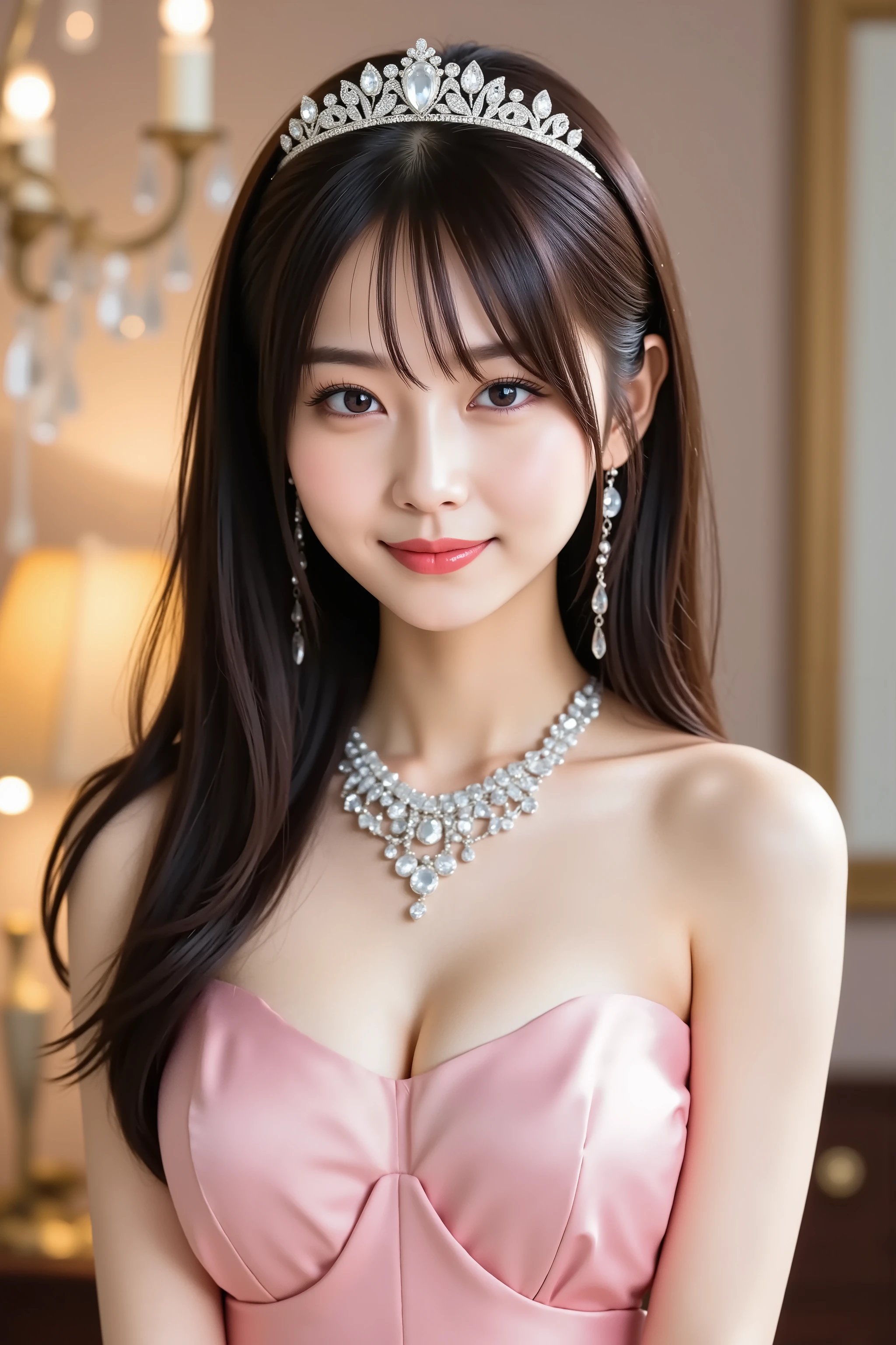 face positioned accurately in the center of the image, Upper chest, head is fully reflected with tight tension, face is clearly visible as a full body shot, pink strapless dress with jewels, luxury backdrop with chandelier and luxurious jewelry, tiara、 necklaces and earrings 、long hair around my chest, Bangs, smile, young and cute Japanese face, Official Art, high image quality CG Unity 8k wallpaper, Ultra high image quality, very detailed, high image quality, film grain, lens flare glow, top quality, 8k, as a portrait, 8k, viewer, masterpiece, top quality, very detailed, it's cute, sexy, very detailedな, Detailed Features , beautiful, illustration of a woman having a penis, beautiful Japanese woman, Women's 1, tight breasts