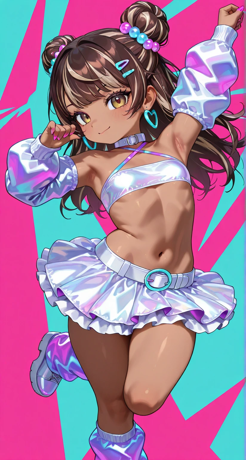 masterpiece, best quality,<lora:MikaPikaZoXL_ANI31_lokr_V4302:0.95> 1girl, dark skin, dark-skinned female, solo, symbol-shaped pupils, smile, very dark skin, brown hair, star-shaped pupils, breasts, hair ornament, looking at viewer, red eyes, star \(symbol\), jewelry, ponytail, makeup, long hair, shorts, bare shoulders, skirt, pink eyeshadow, crop top, grin, eyeshadow, cleavage, medium breasts
