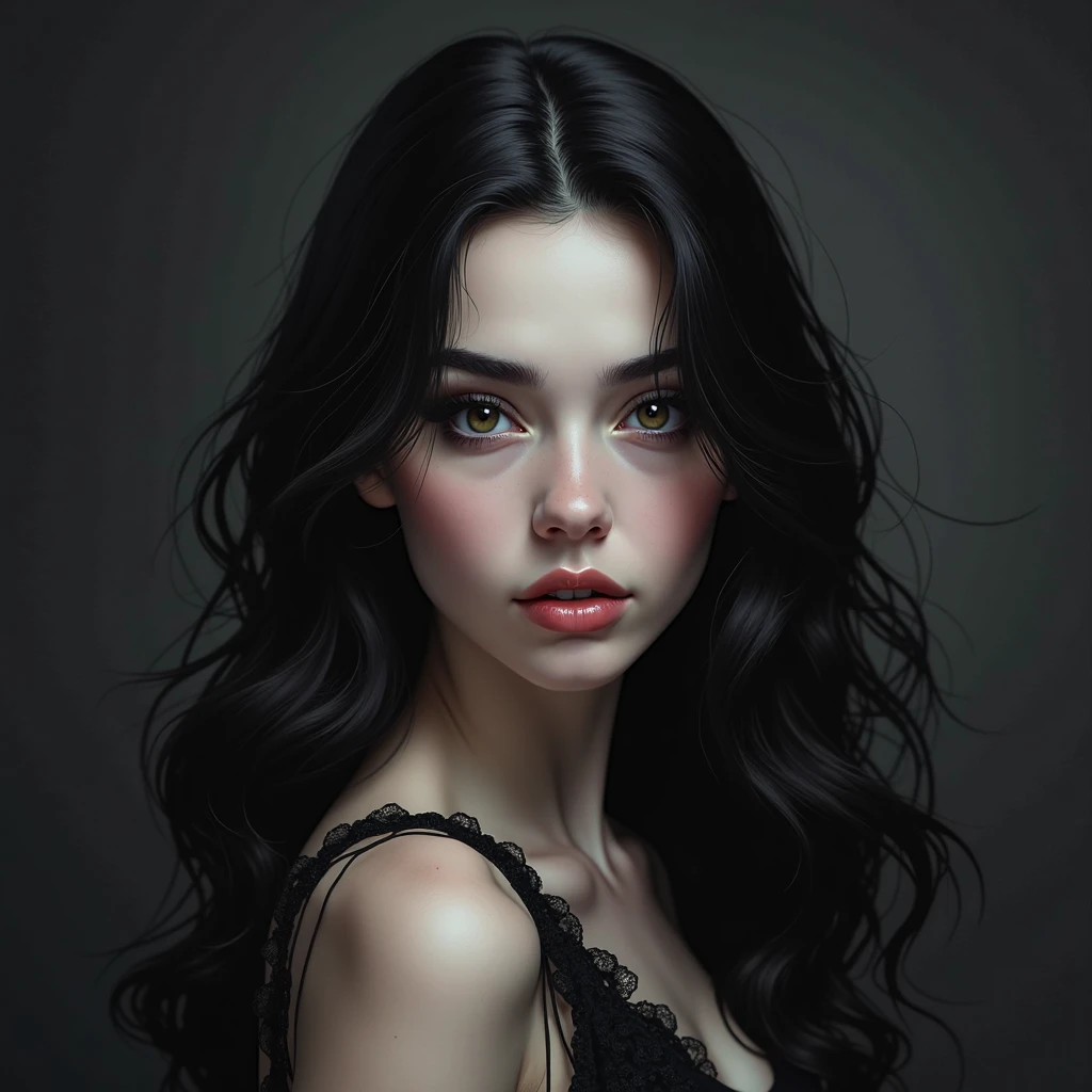 (best quality, hyperdetailed photography:1.2), beautiful lady, freckles, dark gothic makeup, soft light, head and breast portrait, black eyes, black hair,, (detailed beautiful face, detailed skin texture, ultra-detailed body:1.1) sexy vampire girl, snoopy breast, perfect breast, large snoopy breast, ancient Greek beauty