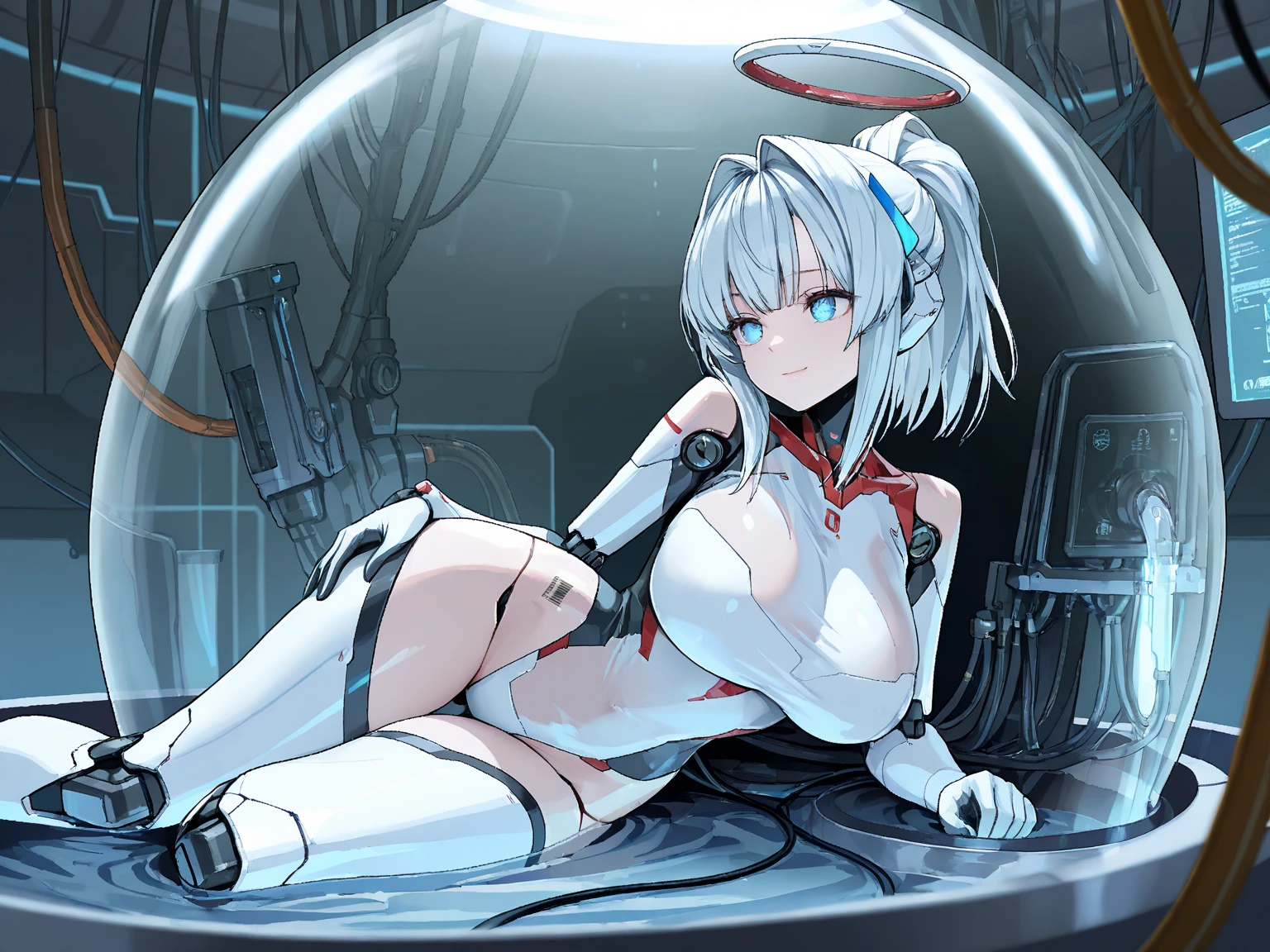 (((masterpiece))), (((Highest quality))), ((Very detailed)), (Highly detailed CG illustrations), ((Very delicate and beautiful)),(From the side),Cinematic Light,((1. Machine Girl)),alone,whole body,(Machine made joints:1.2),((Mechanical limbs)),(Blood vessels connected to tubes),(Mechanical vertebrae attached to the back),((Cervical vertebrae mechanically attached to the neck)),(Sitting),Expressionless,(Wires and cables around the neck:1.2),(Cable connected to tailbone)、(Overhead wires and cables:1.2)(Character Focus),sf,Very detailed,colorful,Most detailed、A starry sky, mysterious,Outdoor、  Awe-inspiring expressions, Dynamic pose、 The blood vessels of the machine connected to the groin、ceremony、Giant planet in the background、Inspiration, ３One month, bangs,poker face,Cables connected to nipples,Tube leading to vagina、Spread your legs、 Inside the spaceship, Starry Sky, Fine , On the water, Ocean, ancient ruins、Big Clouds,Colored glaze,Dynamic composition、Huge spaceship、Mechanical veins connecting the spacecraft to the body、Fisheye Lens、