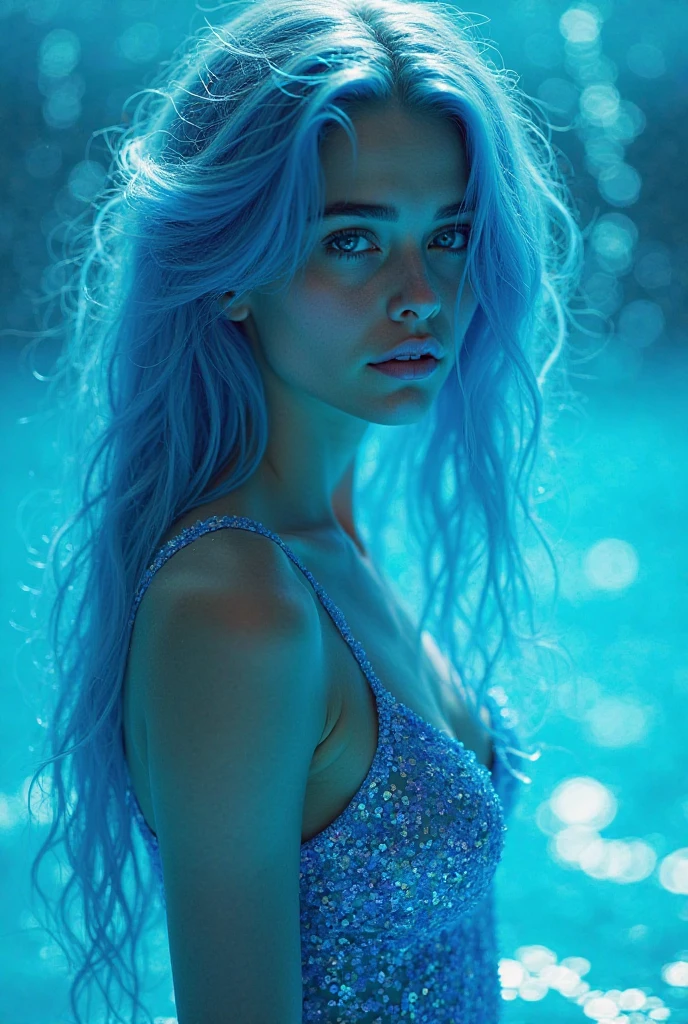 photography, high detail, realistic, masterpiece, HD best quality, perfect face.Artist Mary Jurgens, Starsnits90, Greg Rutkowski Cryengine, Ubisoft))((Kneeling surrounded Sitting with her knees up to her chin. She hugs herself. Her body is covered in Blue crystal tanznite marble glitter. Her big blue eyes (scared features) blue crystal lips. Covered in Blue. Hair long and white