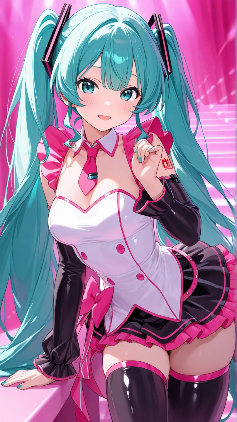 best quality, ultra detailed, beautiful face, perfect anatomy, 1girl, solo, mememe, long hair, aqua hair, blunt bangs, pink eyes, pink dress, purple sleeves, purple thigh highs, <lora:mememe:1>, white background,