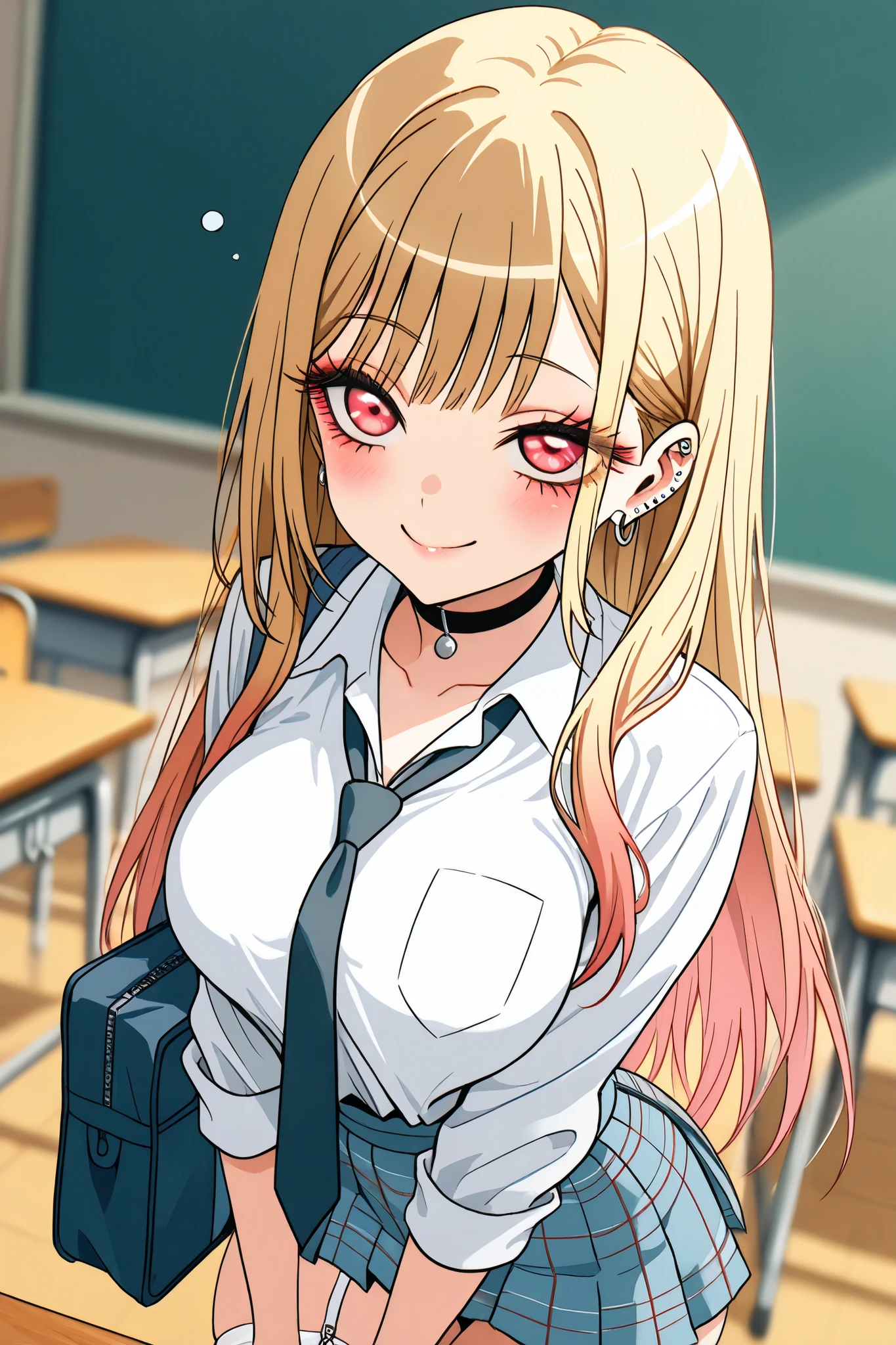marin_kitagawa,1 female,solo,pretty,
front,upper body,look up,from front,
blonde,long hair,side part bang,cut bangs,
colored inner hair,
red eyes,beautiful eyes,
big eyes,slant eyes,sleepy eyes,
long eyelashes,
white shirts (1.3),school uniform,
micro mini skirt,pleated skirt,checked skirt,
red lace up boots,thigh-high boots,
white garter belt & stockings,high heels,
school bag,student's bag,
beautiful legs,thin thighs,thin calves,
large breasts,thin waist,butt close-up,
perfect face,beautiful skin,
smile,I can see panties,
cowboy shot,dutch angle,
perfect face,beautiful skin,
anatomically correct,
best quality,super detailed,
Highest quality,masterpiece,high quality,
blurred background,
indoor,school,classroom,
desk,chair,blackboard