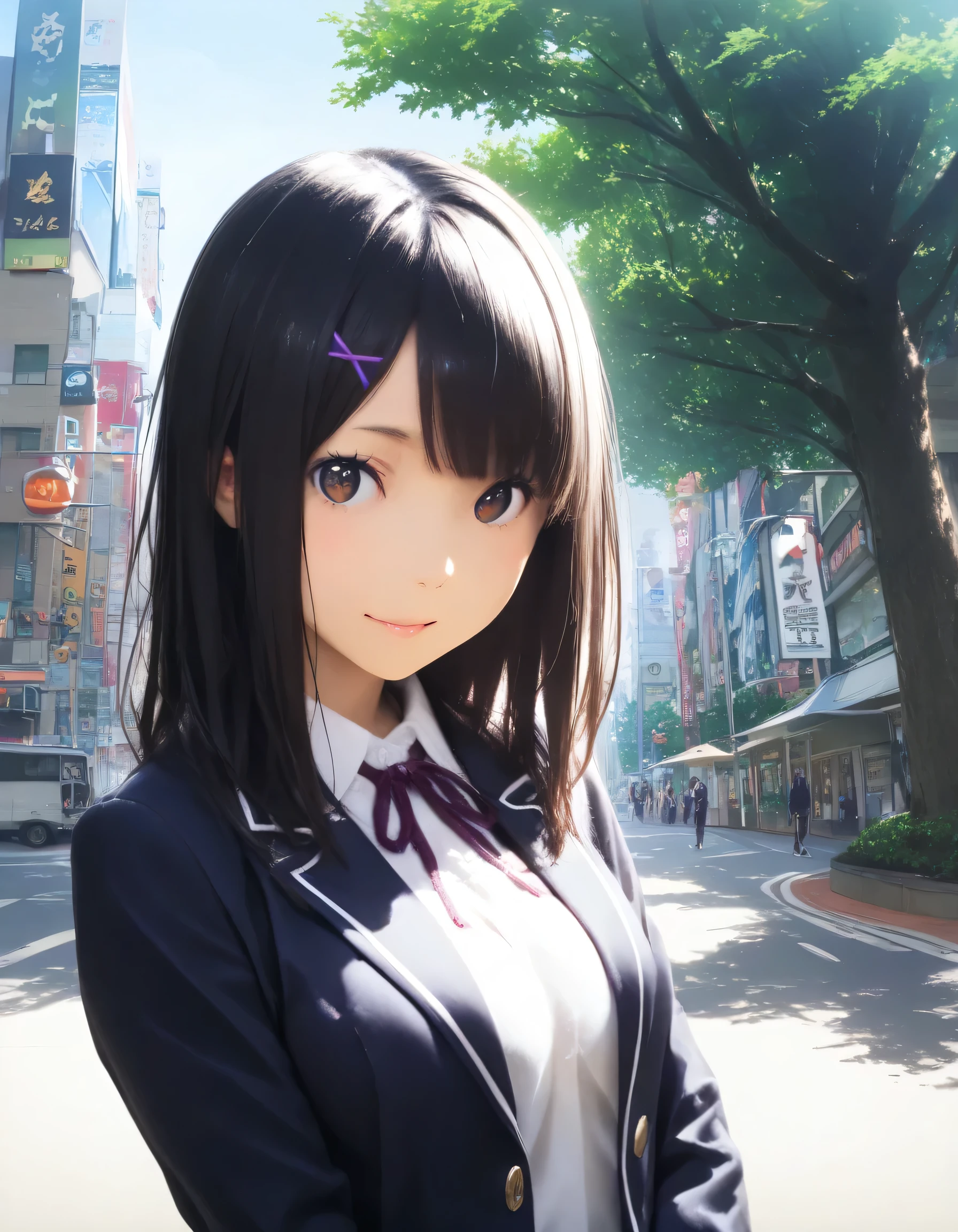 1girl, re:zero kara hajimeru isekai seikatsu, year 2016, upper body, Shibuya, street tree, school uniform, blazer, masterpiece, high score, great score, absurdres, 16k, super detail