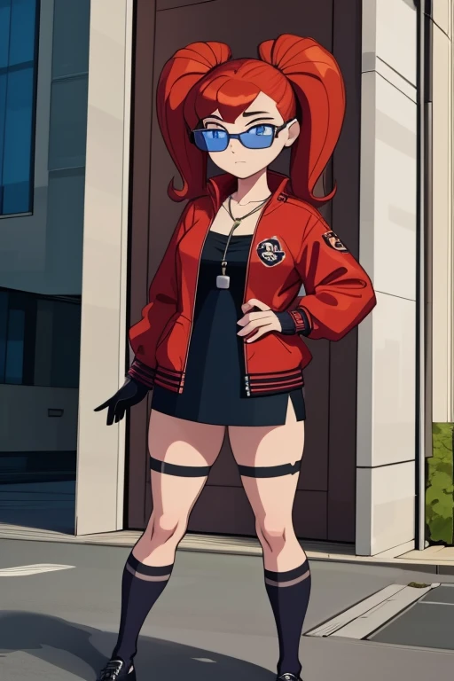 A highly detailed and realistic 3D model of a young woman standing confidently in front of an orange wall. She has red hair styled in two ponytails and blue eyes.. She wears a red jacket over a black dress., black gloves, and white socks up to the thighs. She has a pair of sunglasses resting on her head.. The model should include subtle movements in her hair and the fabric of her jacket., As if a gentle breeze were passing by. The scene takes place on a concrete surface with shadows cast on the ground., providing a realistic urban environment. The background should be simple and interior with neutral colors.. The model should be photorealistic and highly detailed., showing the character's elegant and modern look. Make sure the model captures her confident stance and natural proportions., with special attention to the detailed outfit and accessories.
