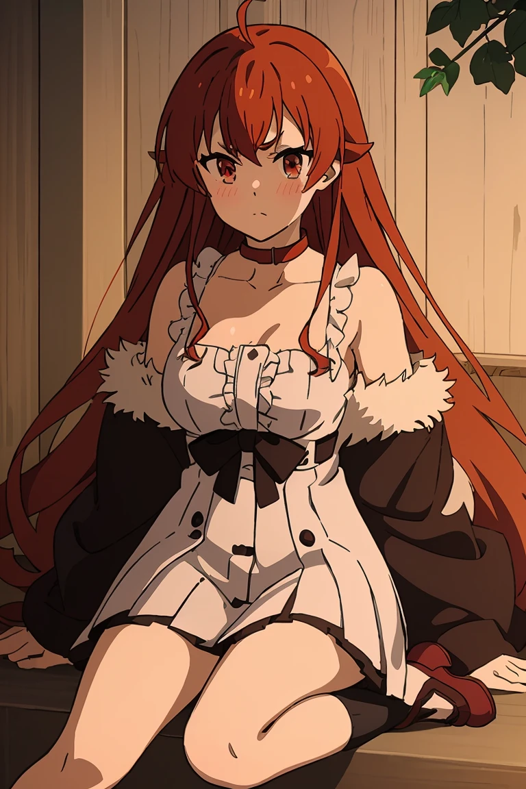 (masterpiece, highest quality),  intricate details,
1 girl,  Raphtalia, sexy,squatting down、Spread your legs and show off your panties、spread legs,show white panties,animal ears, brown hair, long hair, raccoon ears, a racoon girl, raccoon tail, (red eyes:1.5), tail, 
 Hestia Cosplay, rei no himo,