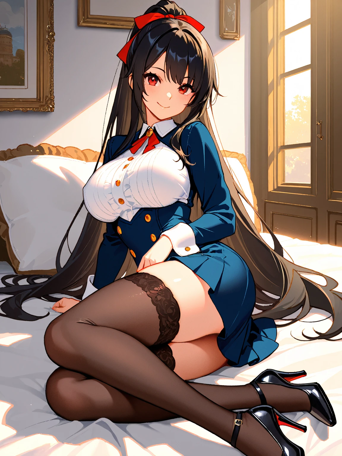 atago_\(azur_lane\),brown_eyes,long hair,animal ears,mole_under_eye,military_uniform, garter_straps, black legwear,white gloves,indoors, crossed legs,, masterpiece, best quality, big breasts,smile