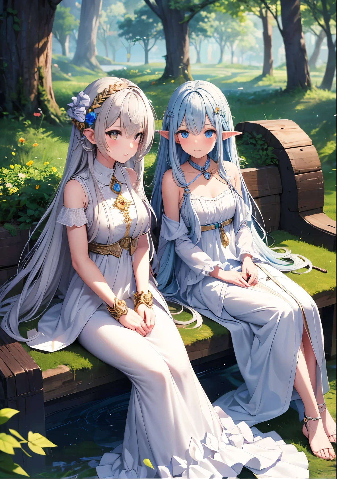 amber eyes、In the heart of an ancient forest, by a crystal-clear spring, two beautiful elves take a moment of rest during their grand adventure. One is a powerful mage, adorned in the finest enchanted robes that shimmer with arcane energy. Her long silver hair cascades down her back, and her staff, topped with a glowing crystal, rests gently by her side. The other is a graceful cleric, dressed in elegant white and gold robes, her staff etched with sacred runes. Her serene expression reflects her inner strength and wisdom. Their armor and equipment are of the highest craftsmanship, radiating with magical power. Sunlight filters through the dense canopy, casting dappled light over the tranquil water and their graceful figures. The atmosphere is peaceful, yet their eyes hold the resolve of seasoned adventurers ready for the next challenge
