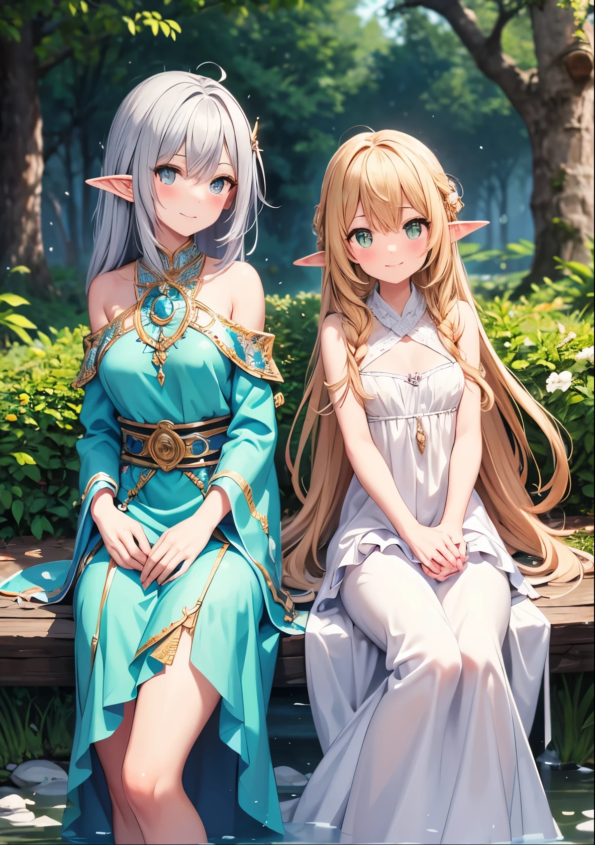 amber eyes、In the heart of an ancient forest, by a crystal-clear spring, two beautiful elves take a moment of rest during their grand adventure. One is a powerful mage, adorned in the finest enchanted robes that shimmer with arcane energy. Her long silver hair cascades down her back, and her staff, topped with a glowing crystal, rests gently by her side. The other is a graceful cleric, dressed in elegant white and gold robes, her staff etched with sacred runes. Her serene expression reflects her inner strength and wisdom. Their armor and equipment are of the highest craftsmanship, radiating with magical power. Sunlight filters through the dense canopy, casting dappled light over the tranquil water and their graceful figures. The atmosphere is peaceful, yet their eyes hold the resolve of seasoned adventurers ready for the next challenge