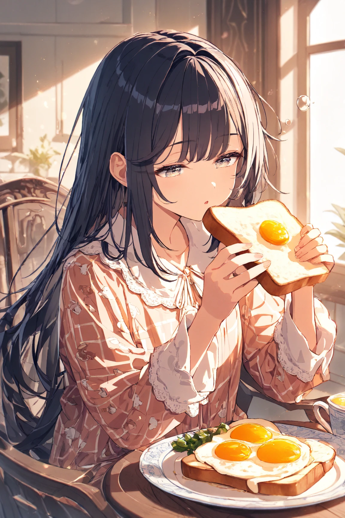 8k, {best quality}, {very aesthetic}, {ultra-detailed}, {best illustration}, High school girl wearing a white blouse, An exquisite living room bathed in the morning sun, {breakfast}, Fried egg, {{{A big smile with eyes closed}}}, Eat happily, comical, Small breasts, emo, Sit on the sofa,