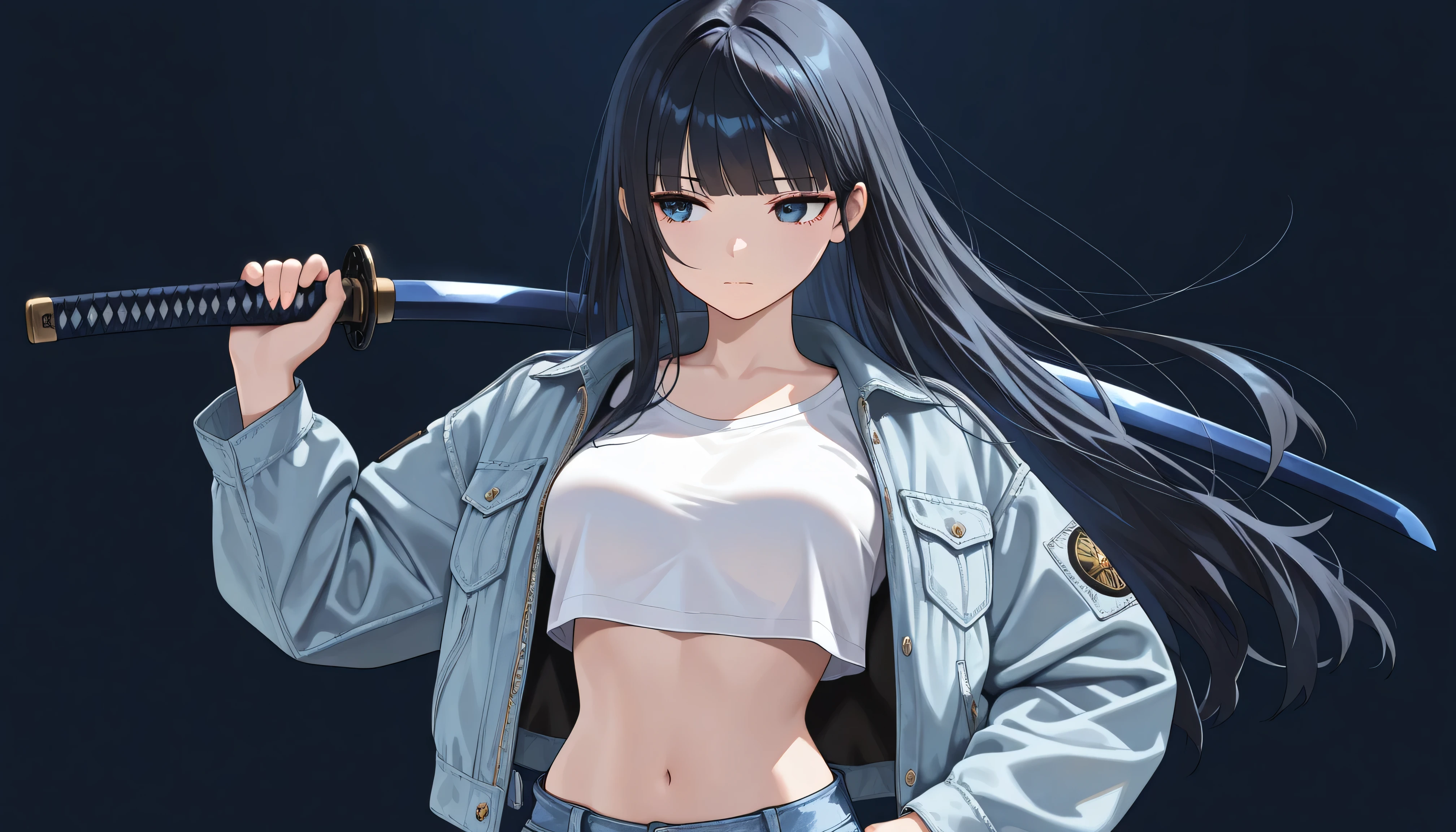 masterpiece, best quality, highres, 1girl shizuku high ponytail, white shirt white sleeveless shirt belt denim pants black bra cleavage cutout, battoujutsu
<lora:battoujutsu_24re_d128:1> <lora:shizuku_yaegashi:1>